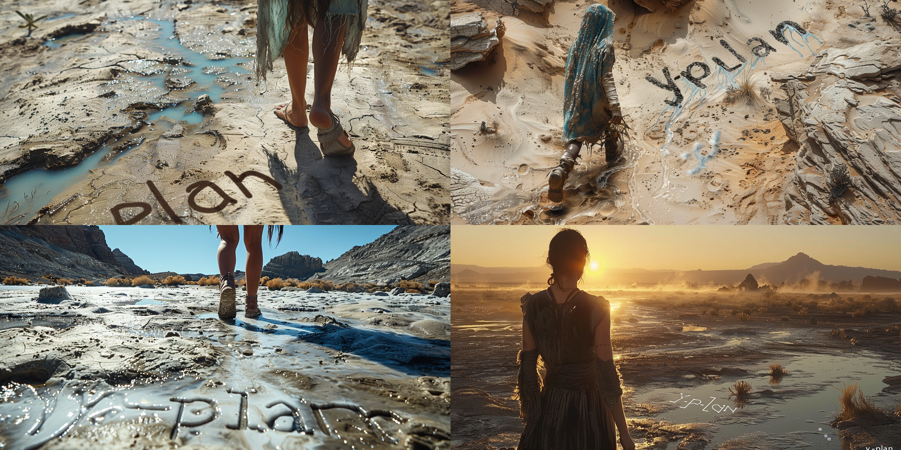 a woman dressed in frost-like gauze is walking in the hot desert. a close-up shot shows "y-plan" written on the desert . there are traces of water on the ground she walked on. the details are clear and the depiction is realistic.