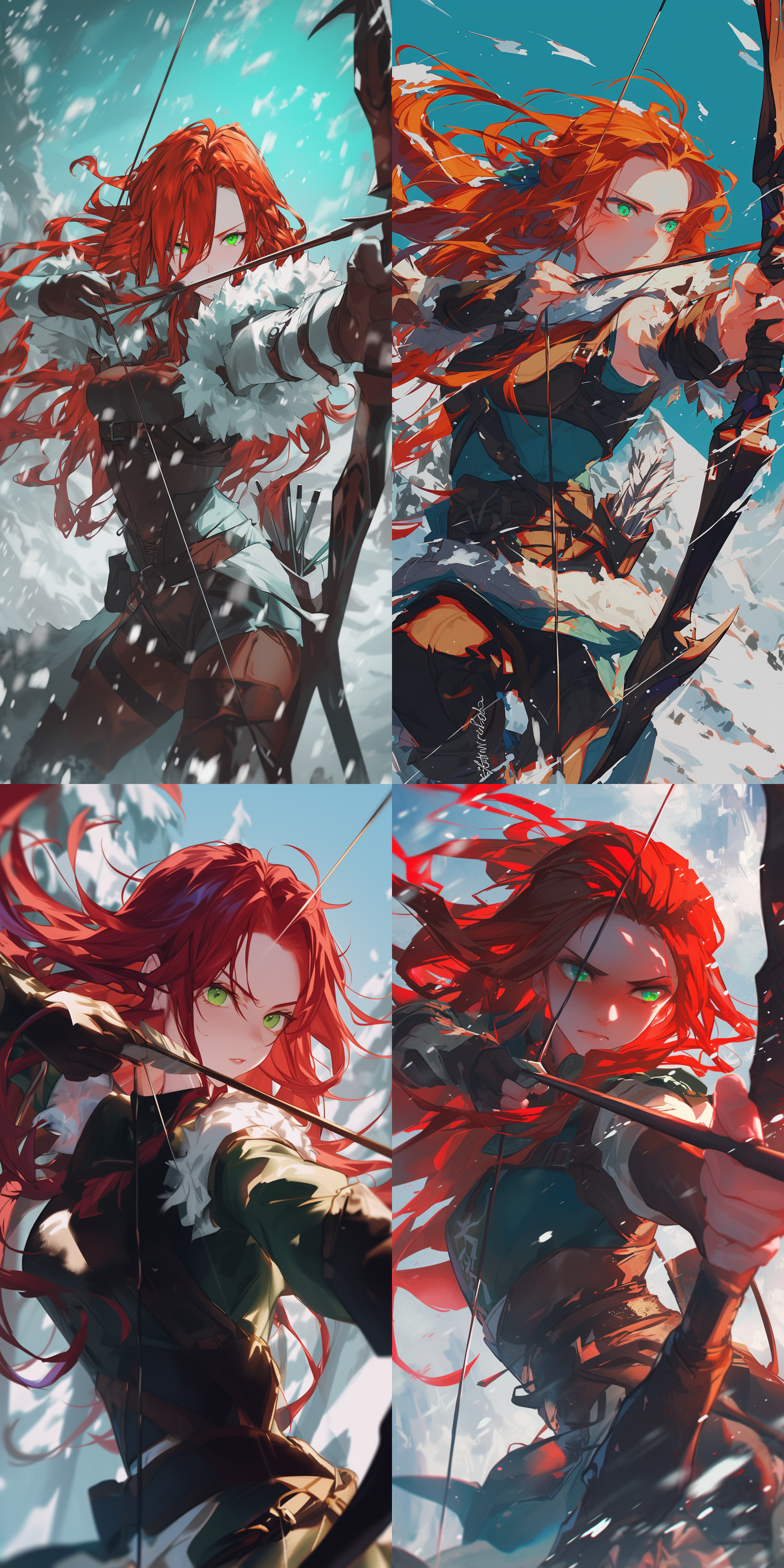 红发女猎人，雪地背景，绿瞳，长弓，动感，对比色，高速快门，侧光，紧张，野性。