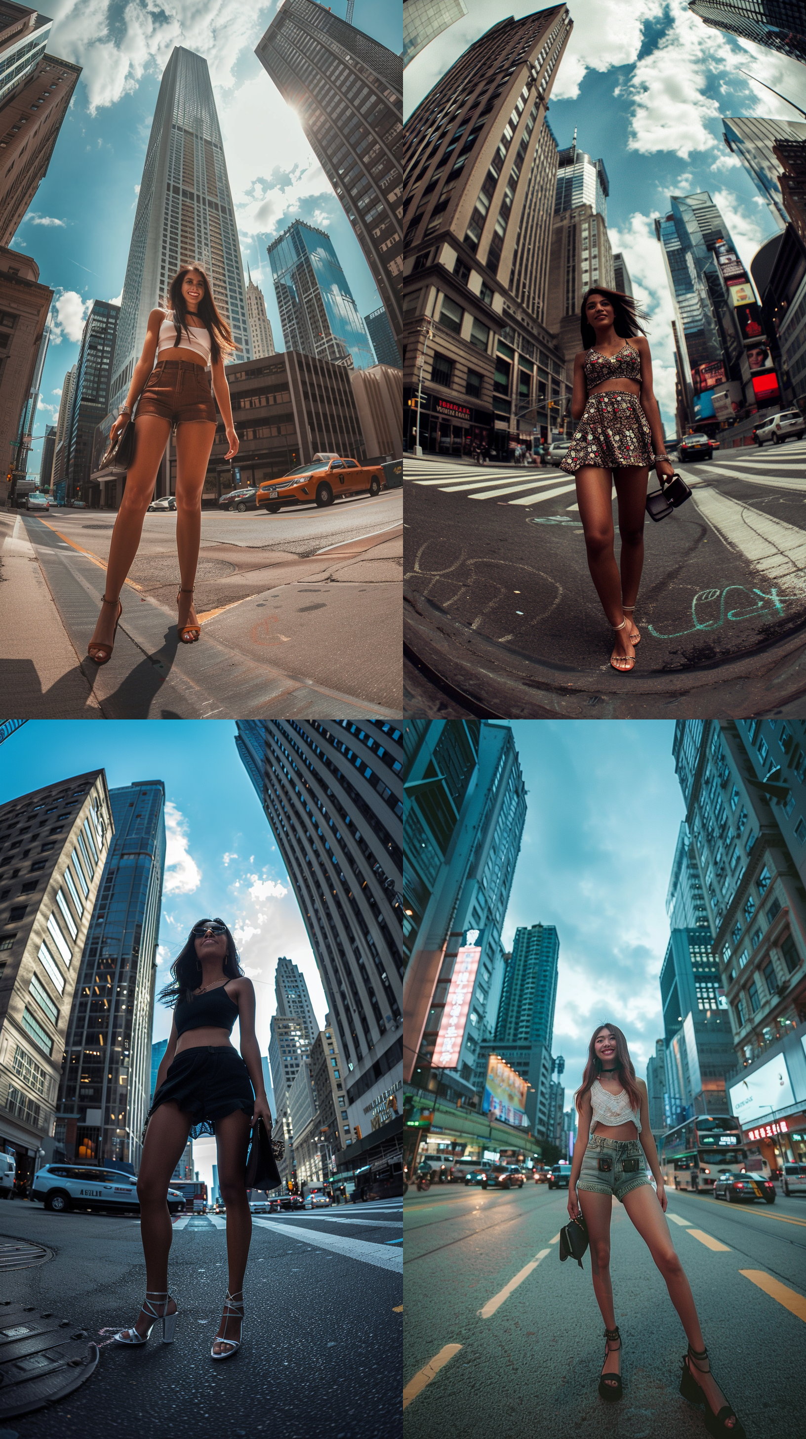 a female model stands on a city street wearing a short skirt, with tall buildings and traffic in the background. she smiles at the camera, holding a fashionable handbag in her hand. the photo is taken with a fisheye lens, with high color saturation and a symmetrical composition, emphasizing female confidence and fashion sense. fashion, urban, fisheye lens, high saturation, symmetrical composition, confidence, smile, handbag.