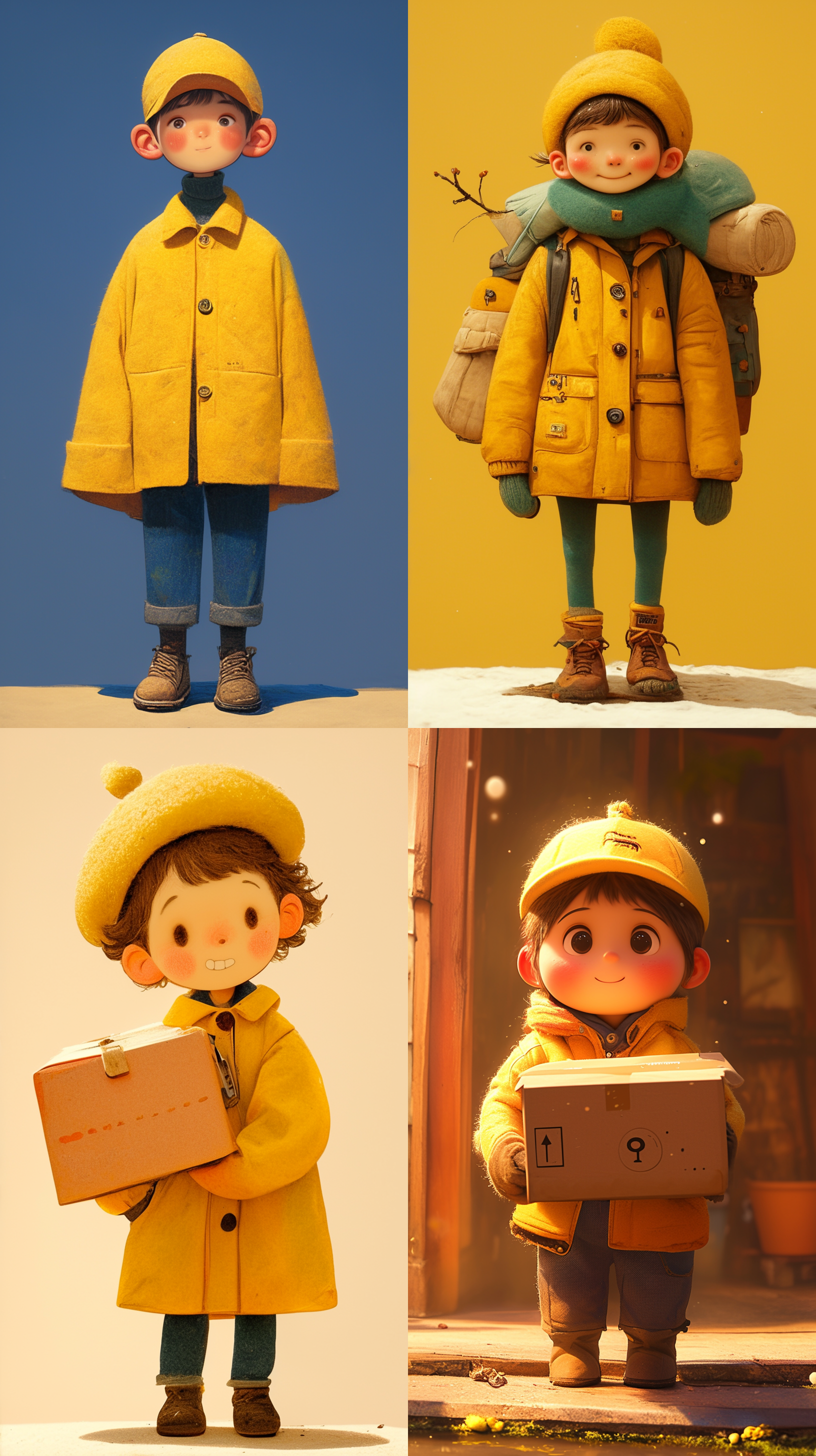 可爱的羊毛毡世界，一个快递员，可爱的男孩，心情愉快，戴着黄色的帽子，黄色的外套，蓝色的裤子，超真实细节，柔焦，q版，移轴，超级照明，体积光，jon klassen，聚焦，80mm镜头，大光圈，浅色，高清