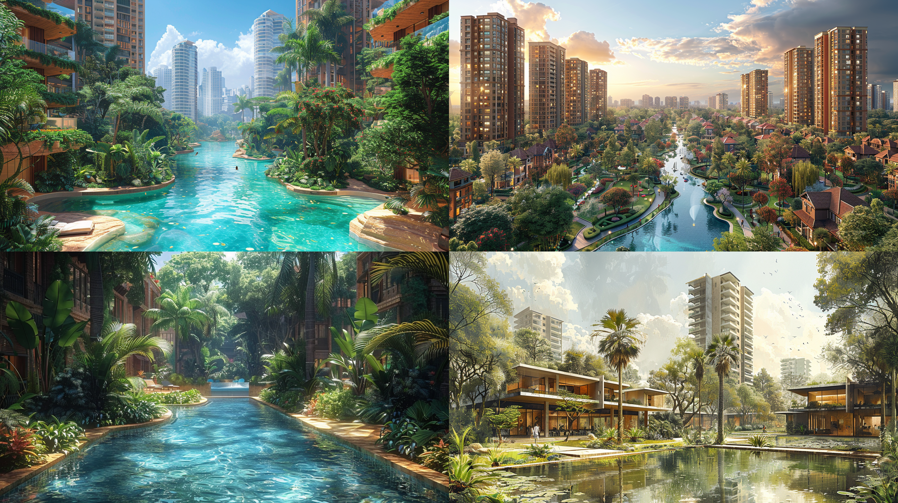 master plan,architectural plan of the city center commercial complex garden landscape park design, with tall buildings in perspective at one end. the middle is surrounded by lush greenery, creating an oasislike atmosphere amidst urban chaos. there's also a small pool in front of it, surrounded by dense vegetation. in sketch style, the illustration features a wideangle view with multiple angles, creating a realistic effect. it was created using vector graphics software such as illustrator.