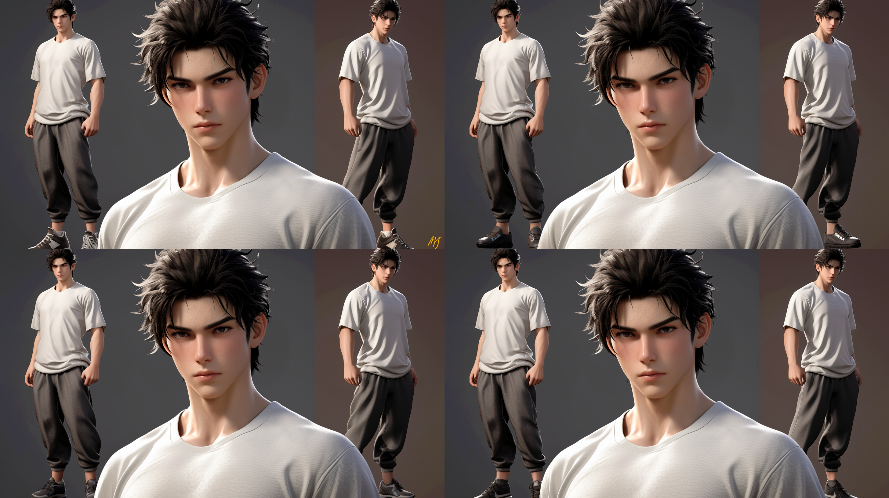 3d仿真，白背景。画出一个男子的正面、背面、侧面的全身三视图。黑头发，黑眼珠。无耳环、无项链。他27岁，干练的寸头，剑眉星目，棱角分明，银白色的短袖运动t恤，无花纹、衣领。灰色运动裤，白色运动鞋。精壮的身躯，阳刚之气。