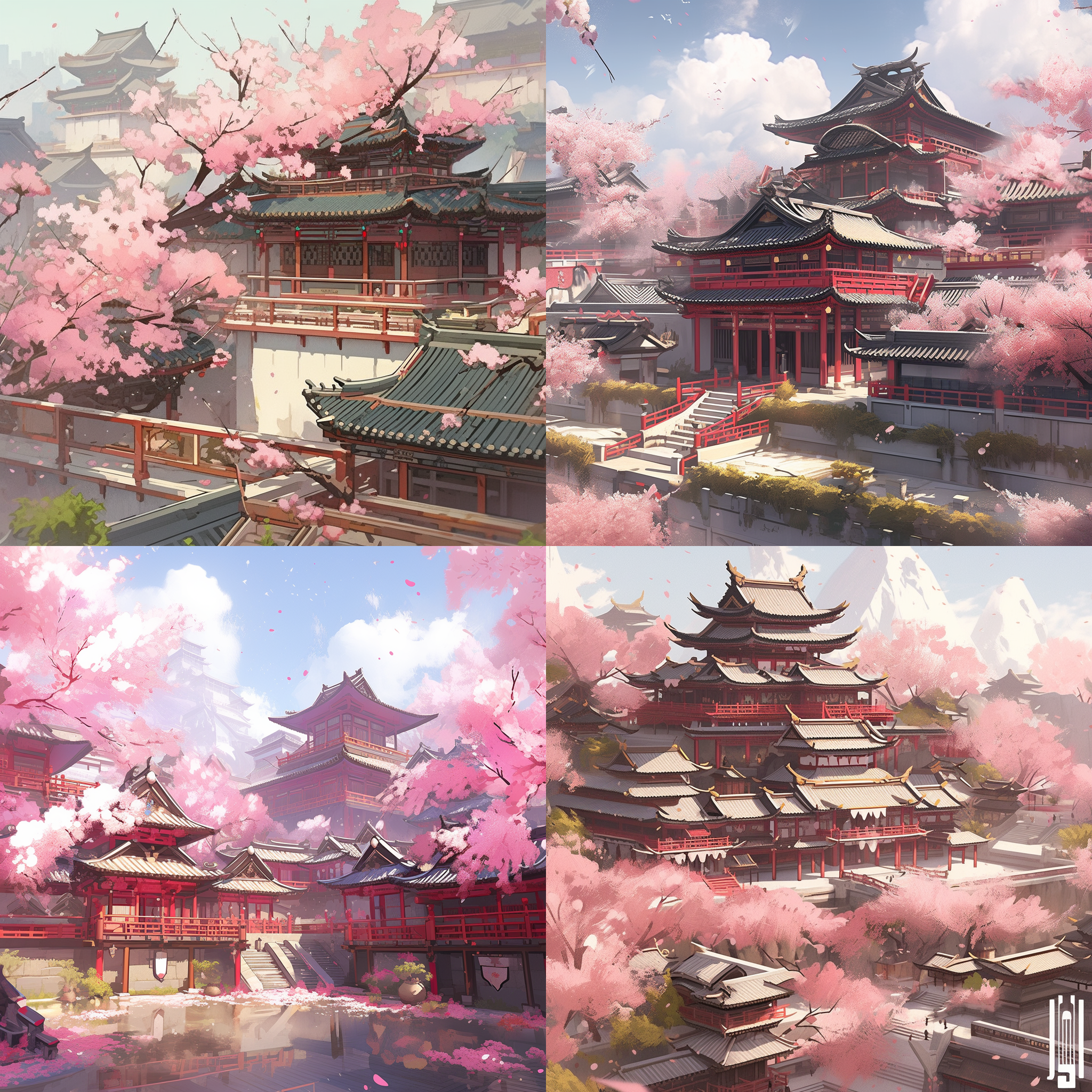 唐代建筑群，桃花盛开，国风奇幻，光影交错，高清细节，超高分辨率，色彩丰富，树荫斑驳，沉静祥和，史诗般壮观。