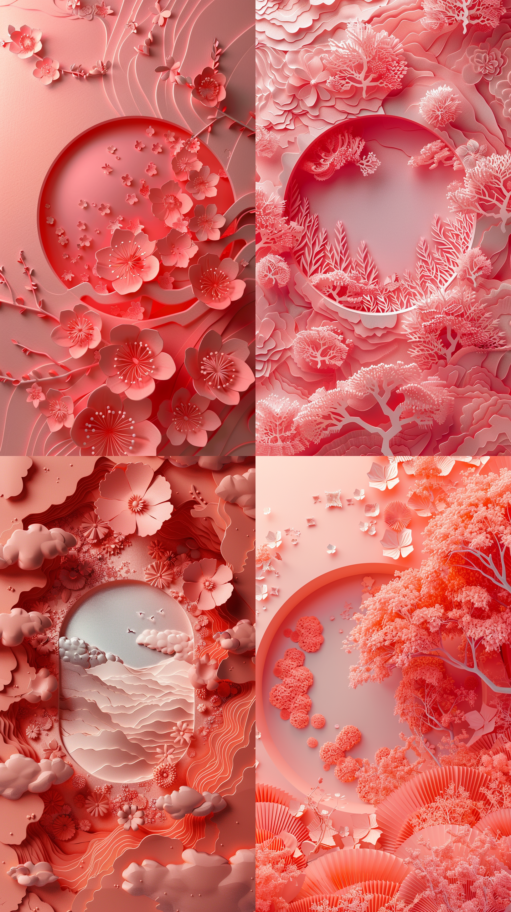 剪纸浮雕插画，中间空出圆形区域，春天主题，细节把控，高清画质，梦幻真实，平面摄影，3d渲染。红粉珊瑚色
