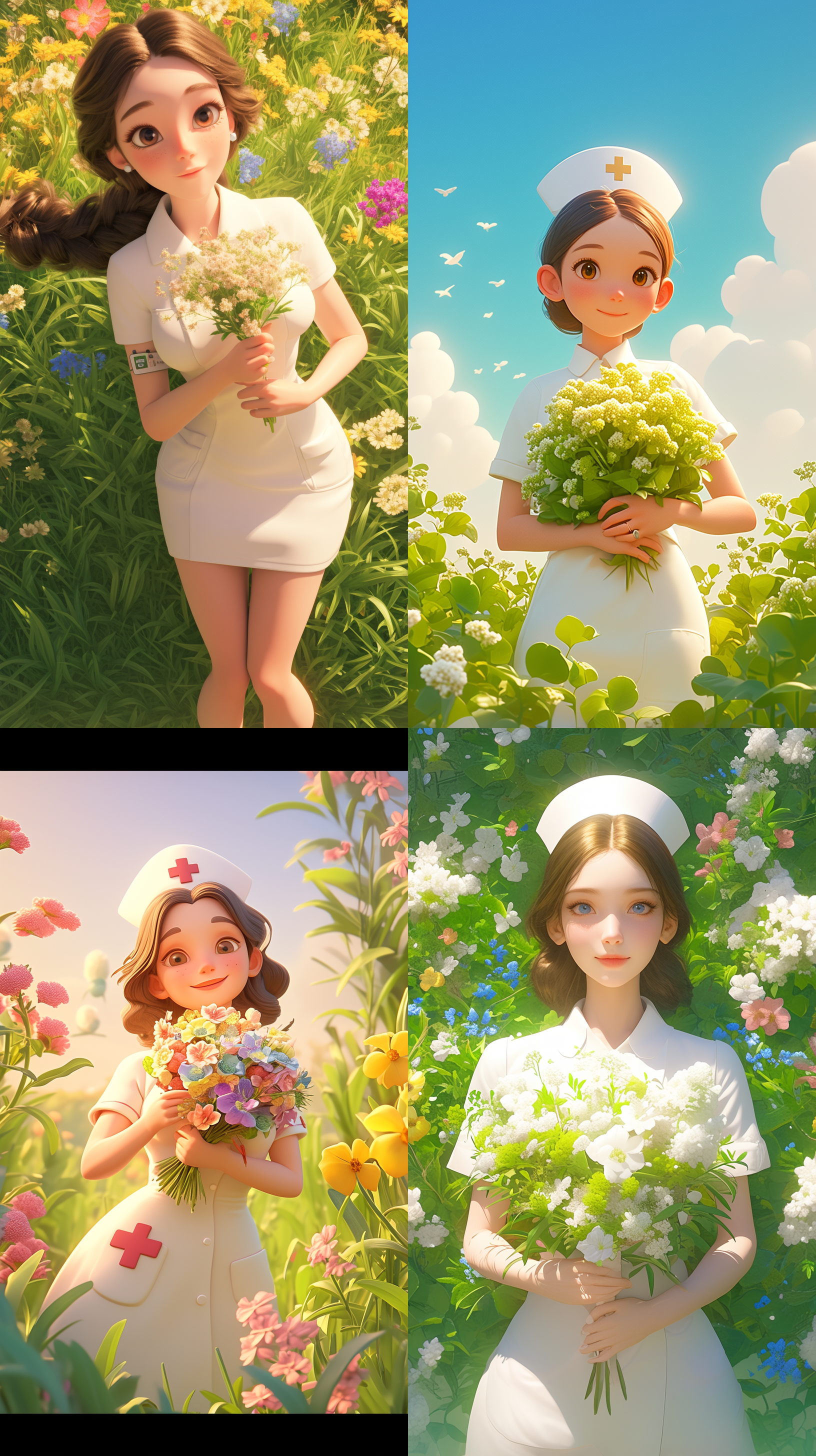 38国际妇女劳动节海报，一位身穿白色衣服的女护士手持一束鲜花，站在草地上，膝盖以上，绿草如茵，鲜花环绕，3d卡通可爱设计，无与伦比的美丽，层次分明的视觉，c4d渲染，皮克斯风格，干净的绿色背景，搅拌机，梦幻般的视觉效果，柔软的浮夸，wedcam，明亮的颜色，海岸风景，捕捉瞬间