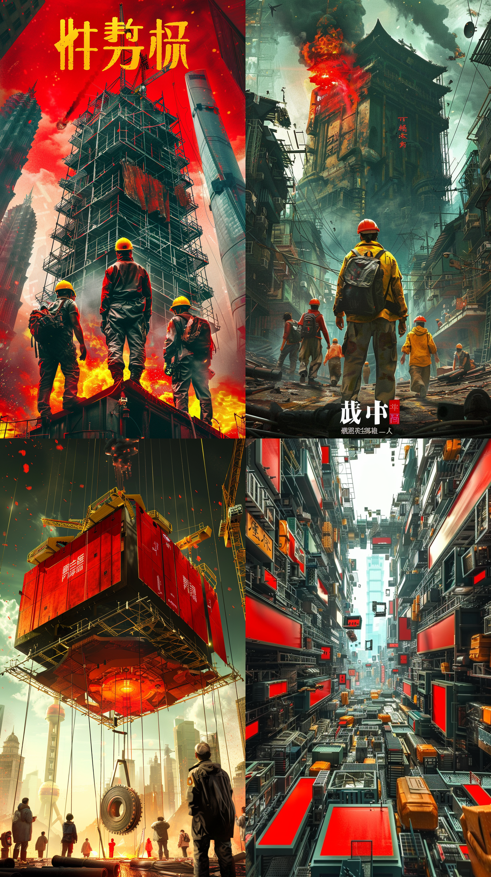 电影片场悬挂巨大脚手架楼体，51大字，红灯，胶片，胶带，灯光，导演，制片，录音，小朋友，近景，构图对称，明亮色调，广角镜头，夸张透视，忙碌，兴奋。 超现实主义