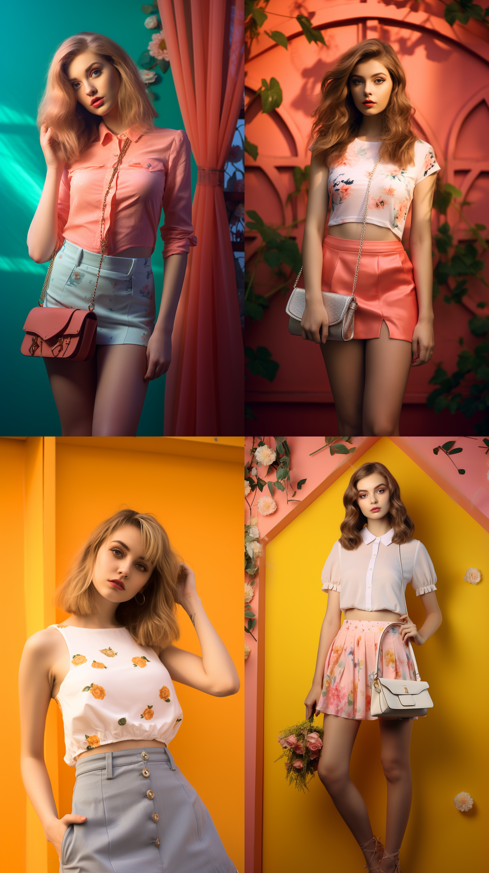 女式连裤袜在纯色背景上，墙壁，室外，高清摄影，20岁女性，女式肩包，摄影棚，光线明亮，短裙，衬衫，高跟鞋，活泼，花园，花朵，阳光