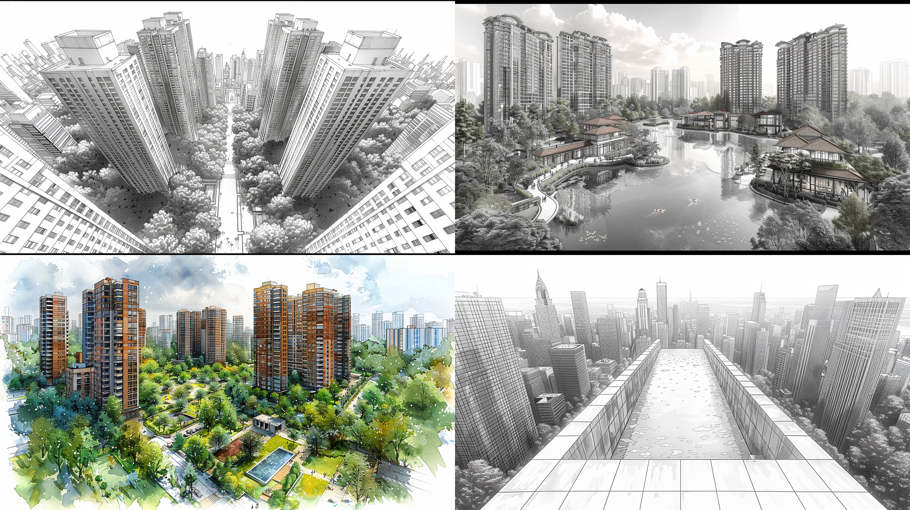 bird view,black and white line drawing, architectural plan of the city center commercial complex garden landscape park design, with tall buildings in perspective at one end. the middle is surrounded by lush greenery, creating an oasislike atmosphere amidst urban chaos. there's also a small pool in front of it, surrounded by dense vegetation. in sketch style, the illustration features a wideangle view with multiple angles, creating a realistic effect. it was created using vector graphics software such as illustrator.