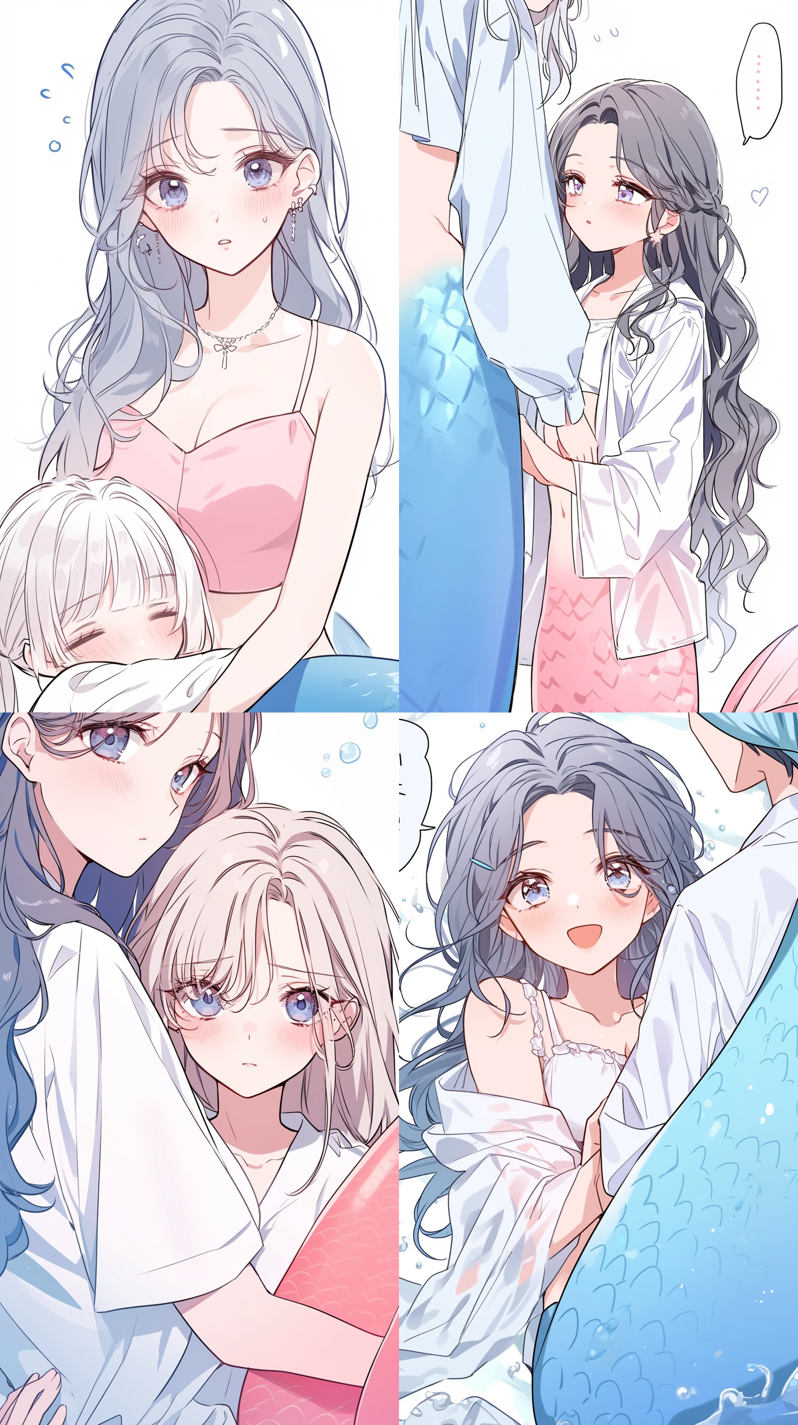 一条美人鱼被女孩抱着，满脸羞涩，纯白背景，高细节，平面漫画草图，平面小说风格，8k