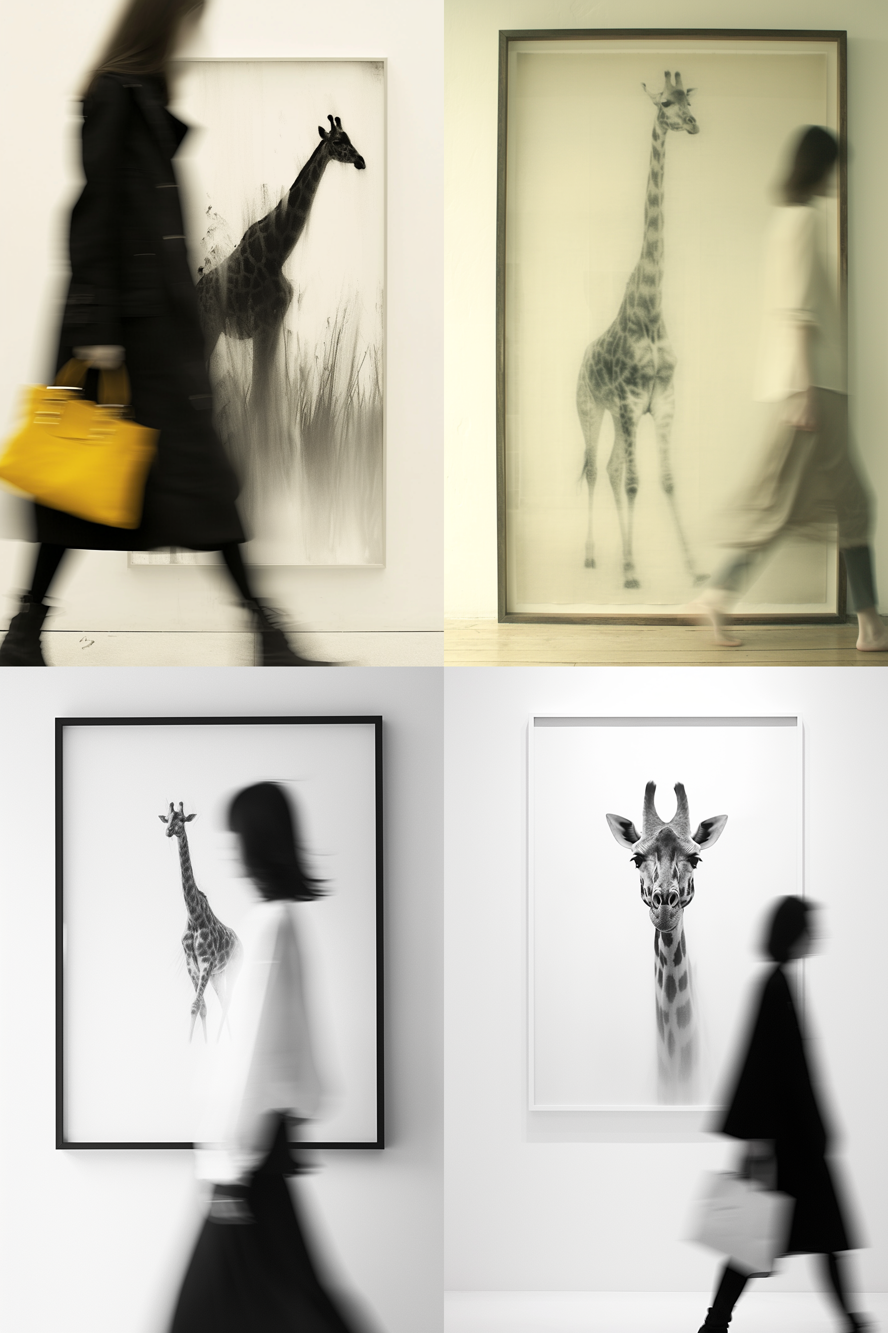 fine art photography of a blurry woman walking by a modern square picture frame with a charcoal drawing of a majestic giraffe, solid white background, white hue, minimalist, simple, centered, cinematic, coarse film grain