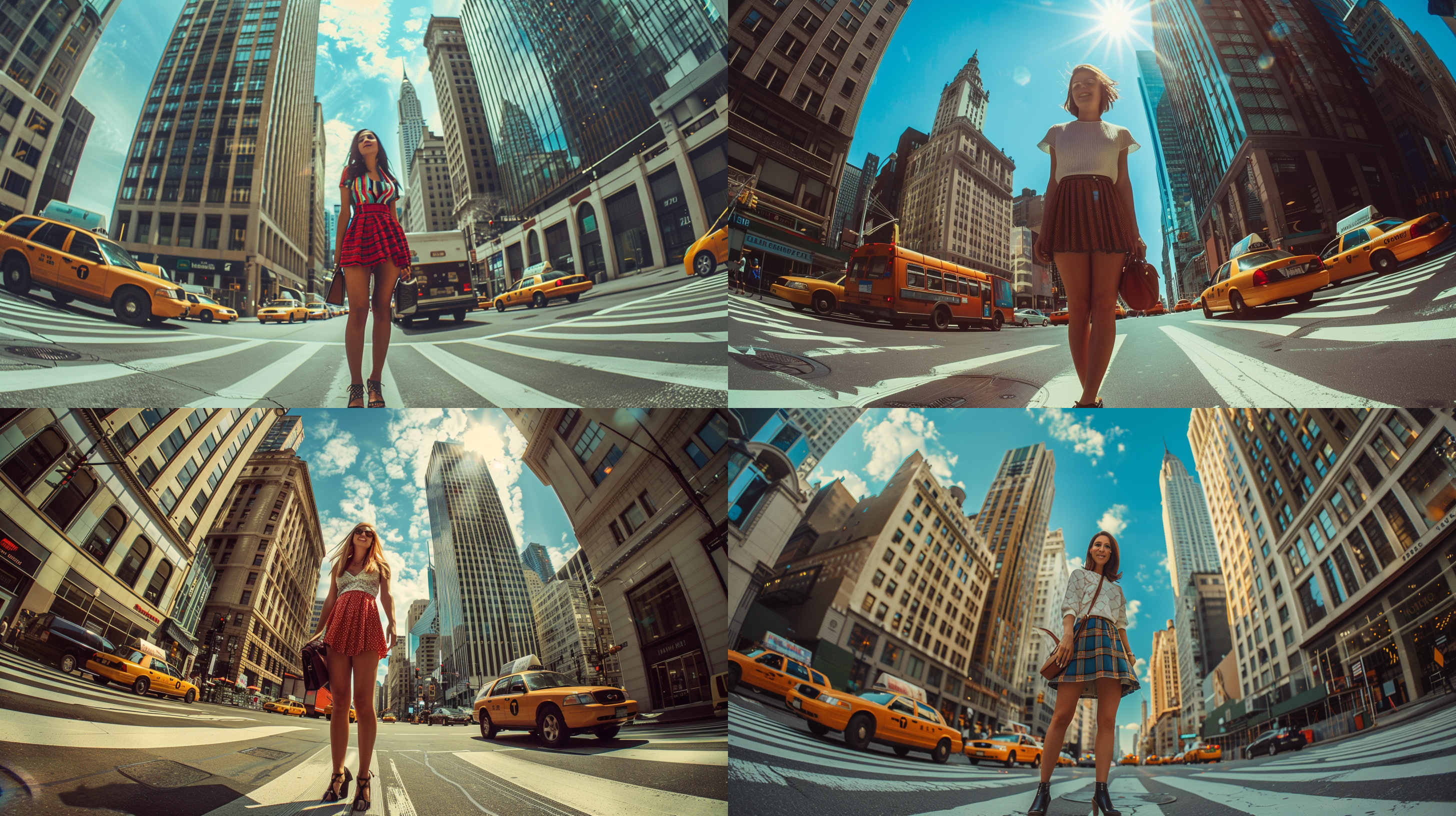 a female model stands on a city street wearing a short skirt, with tall buildings and traffic in the background. she smiles at the camera, holding a fashionable handbag in her hand. the photo is taken with a fisheye lens, with high color saturation and a symmetrical composition, emphasizing female confidence and fashion sense. fashion, urban, fisheye lens, high saturation, symmetrical composition, confidence, smile, handbag.