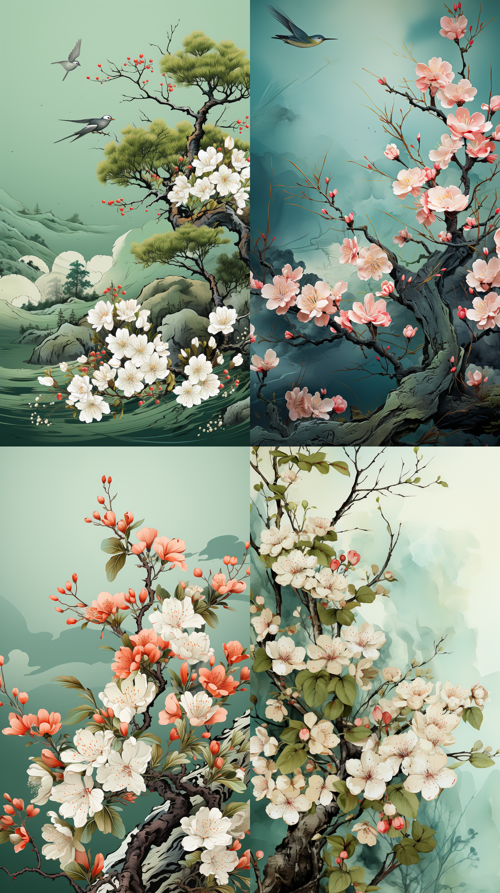 海报背景设计，浅绿色背景，屏幕上有很多复制空间，屏幕 的底部是嫩绿色的树枝从土地上发芽，粉红色的桃花在桃树 上盛开，还有燕子飞，复制空间，在中国水墨画的，