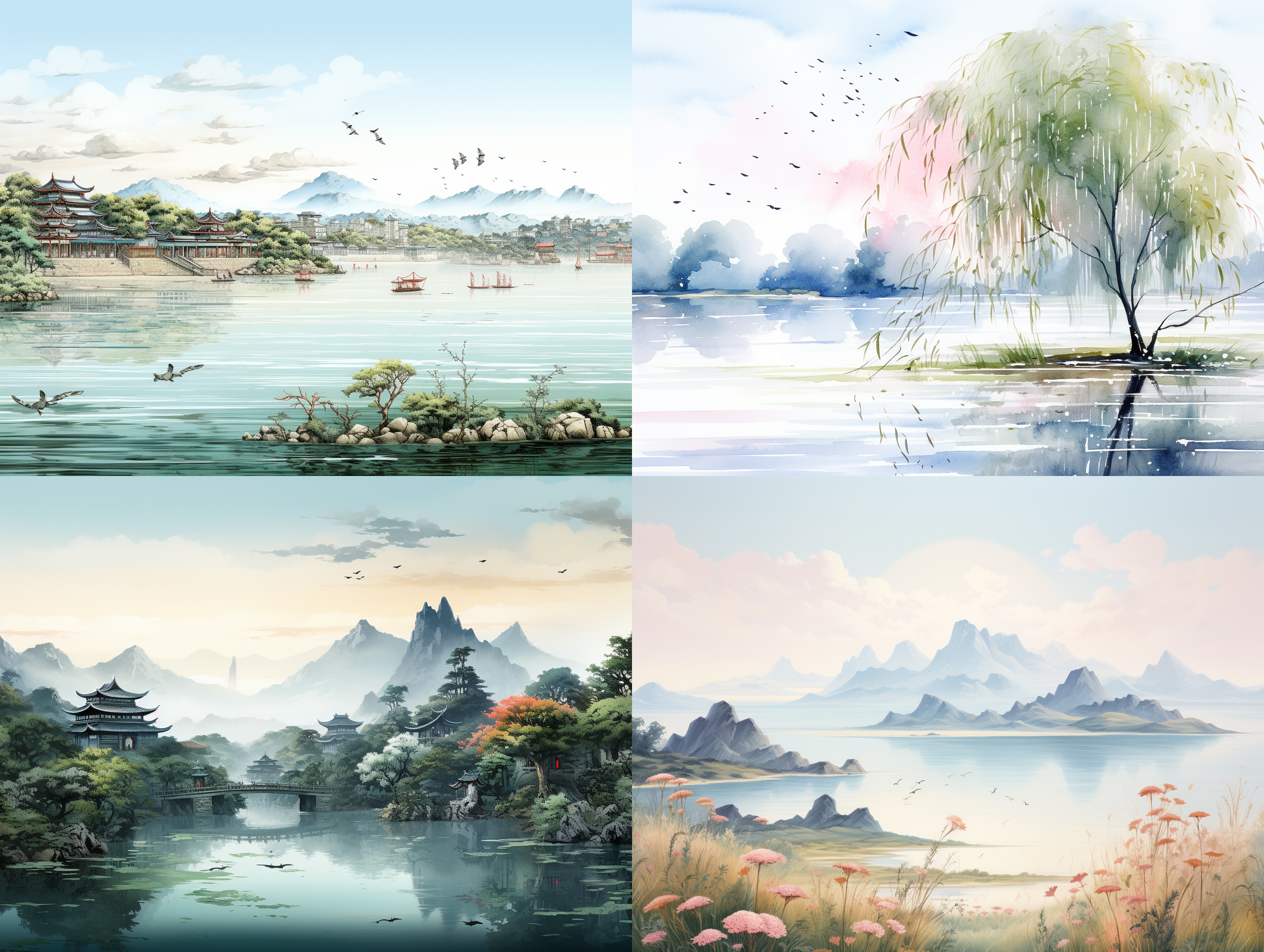 the qiantang lake bank paved is shaded by green green willows, swallows come and go, the pavilion and hills in distance, panorama view, chinese tang dynasty, soft light, chinese xuan rice paper, chinese ink painting