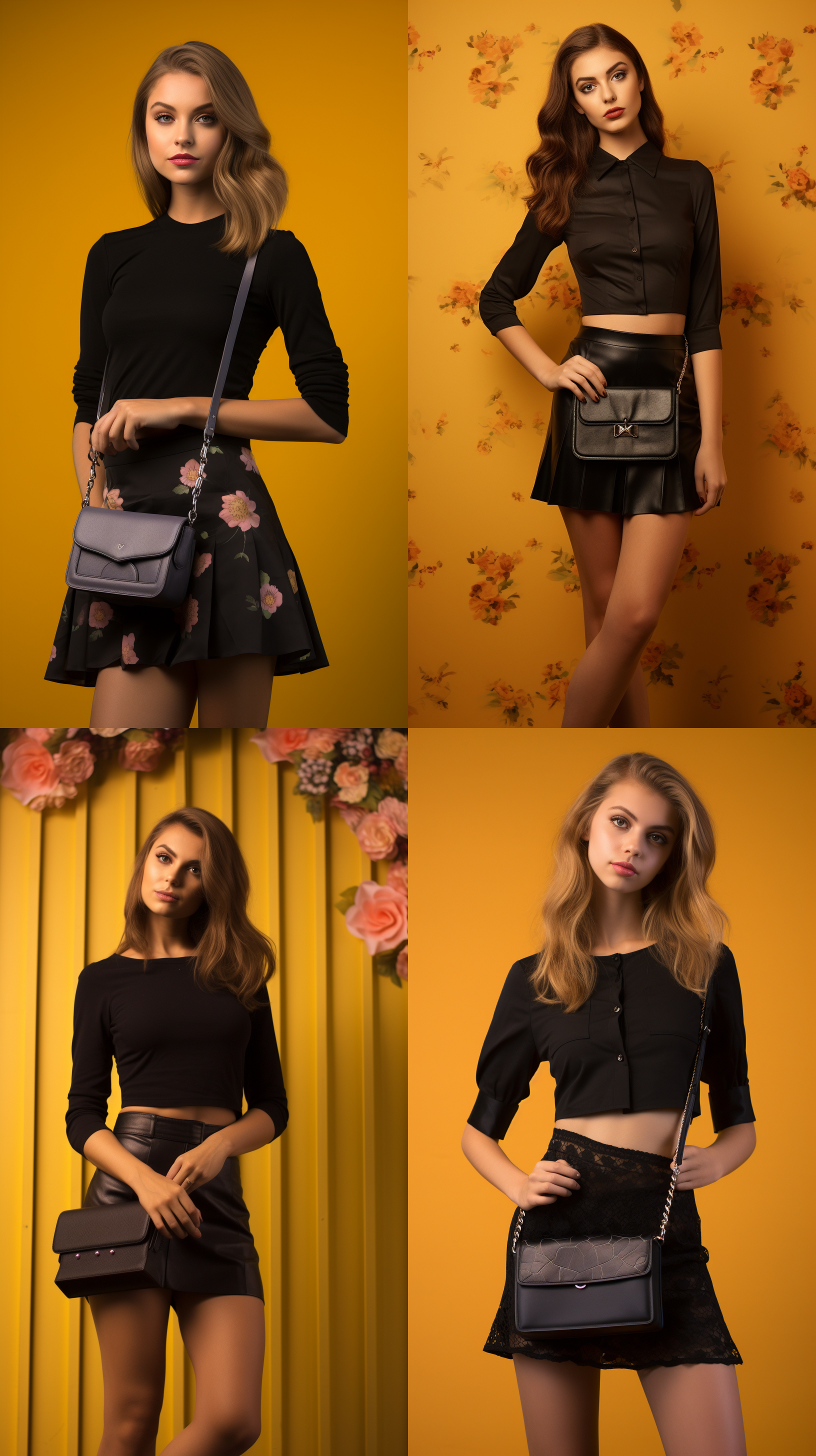 女式黑色连裤袜在纯色背景上，墙壁，室外，高清摄影，20岁女性，女式肩包，摄影棚，光线明亮，短裙，衬衫，高跟鞋，活泼，花园，花朵，阳光，全身照