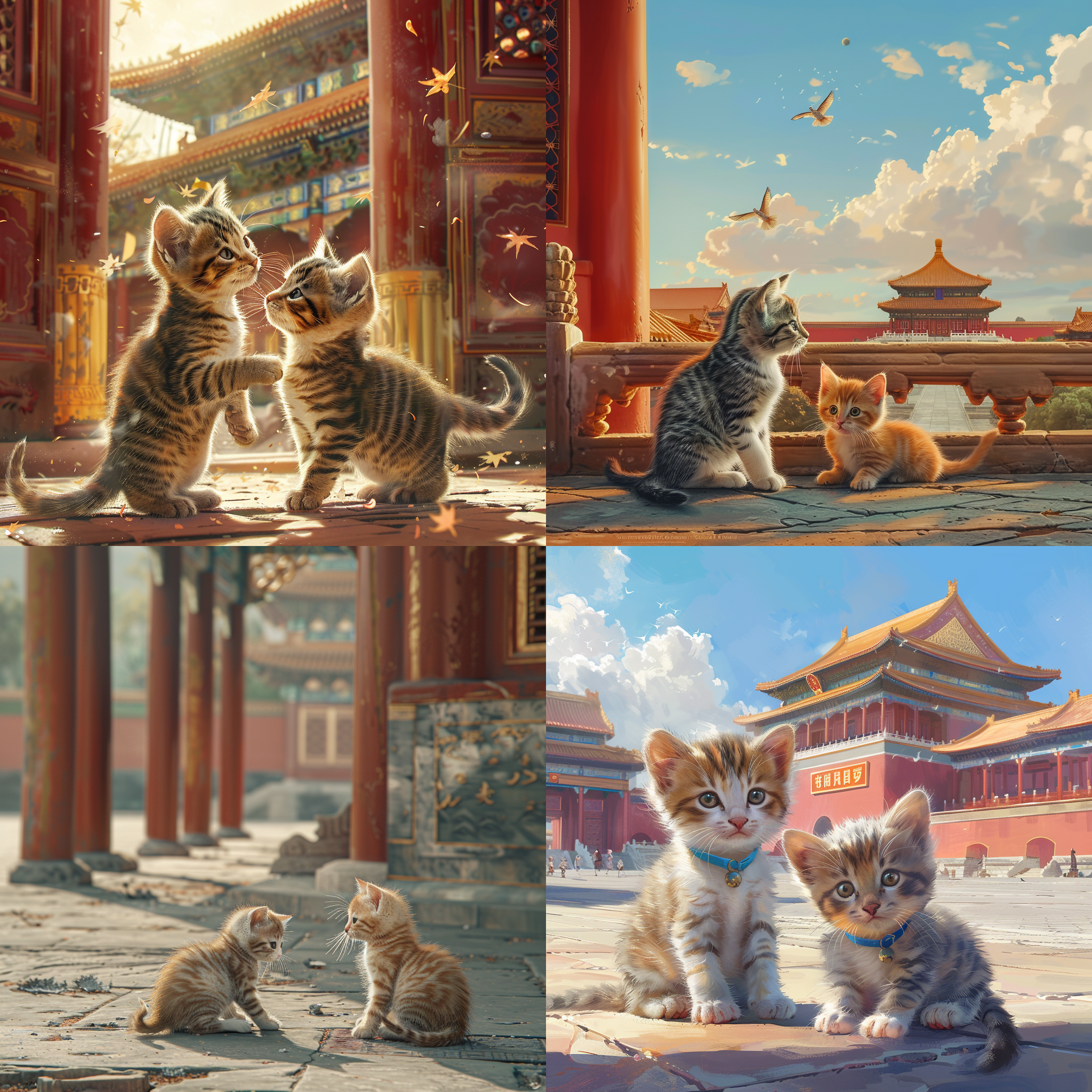 两只小猫在故宫庭院嬉戏，精致二次元风格，超高清8k画面，细节丰富，静态镜头，古典庭院，高清晰度，优雅，面容精致，色彩丰富。