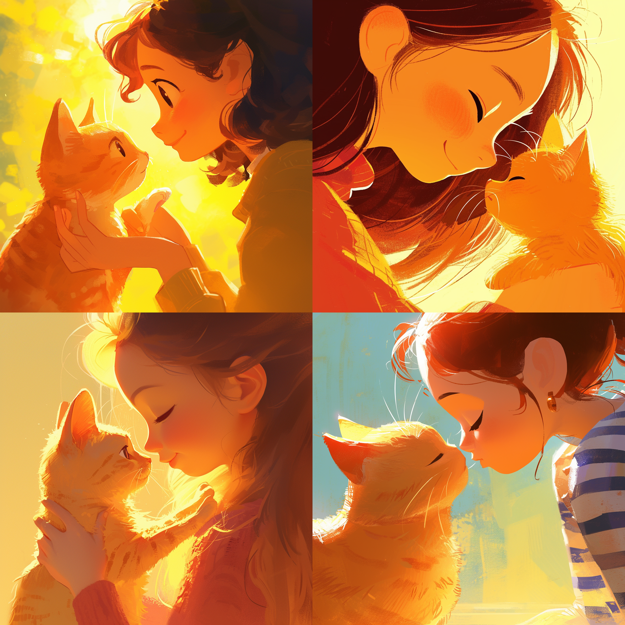 卡通小姑娘和金色猫咪，面对面，简洁构图，明亮色彩，细节丰富，童趣，轻松，温馨，宠物，对话，温暖光线