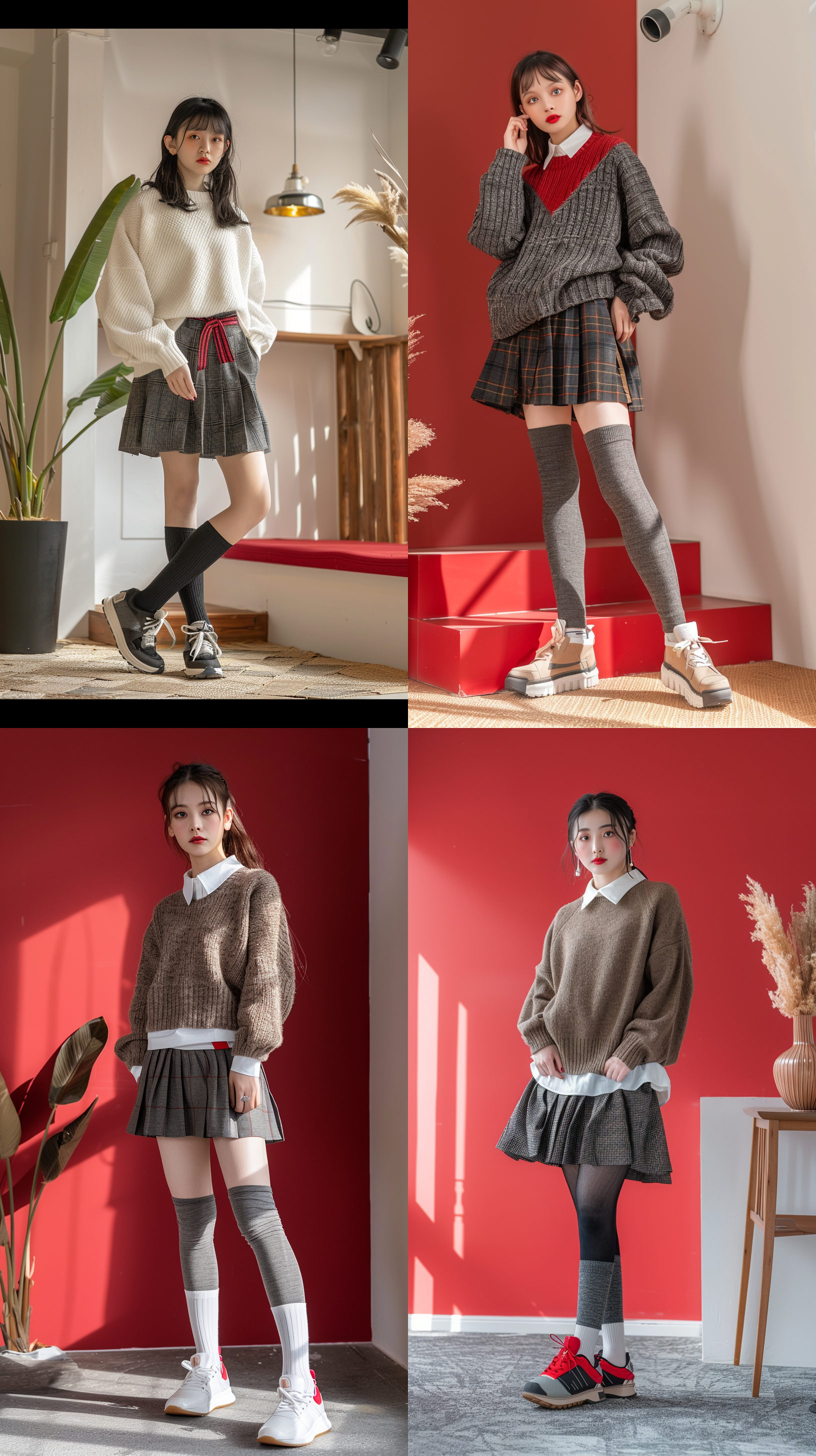 针织衫休闲短裙打底裤运动鞋，20岁少女在室内摄影棚中，阳光充足的高清摄影中展现出活泼的氛围。全身照构图对称，纯色背景突出服装颜色。镜头使用标准镜头，适中的焦距呈现出真实的肖像，色彩鲜艳，明亮而不失细节。