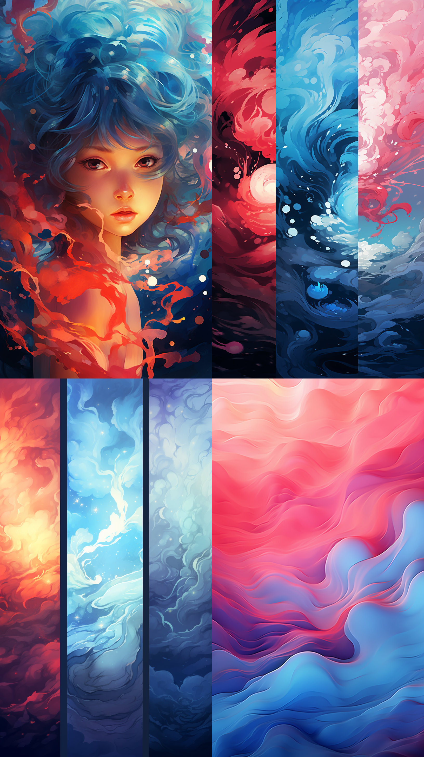 二次元风格，赛璐璐主题，色卡元素，纯风景没有人物，仙侠风格，蒸汽波背景，蓝色和红色主色调，光影效果，抽象构图，数码绘画风格，神秘感，小妖怪元素