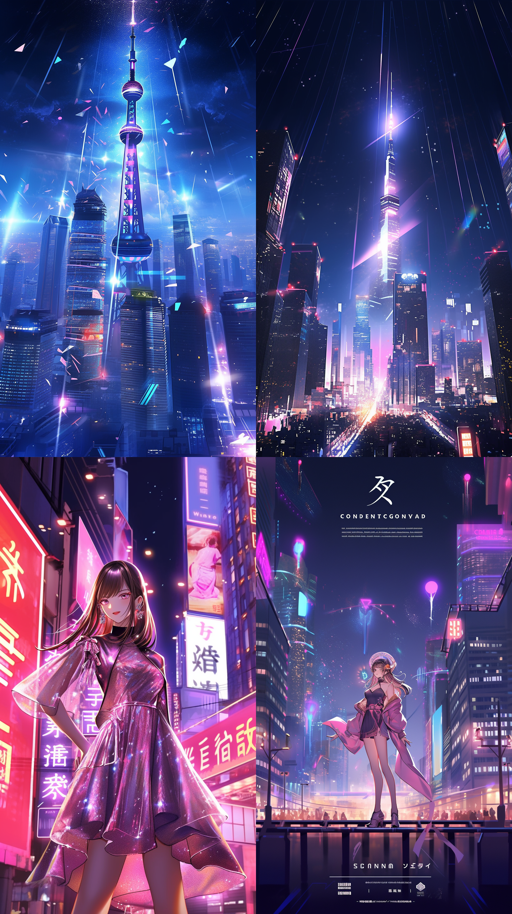 电商大促活动，城市天际线夜景，霓虹灯光，模特展示产品，华丽服饰，自然光，高级配色，超级细节，现代风格，宽幅构图，中心对齐，明亮，细节丰富，活力。