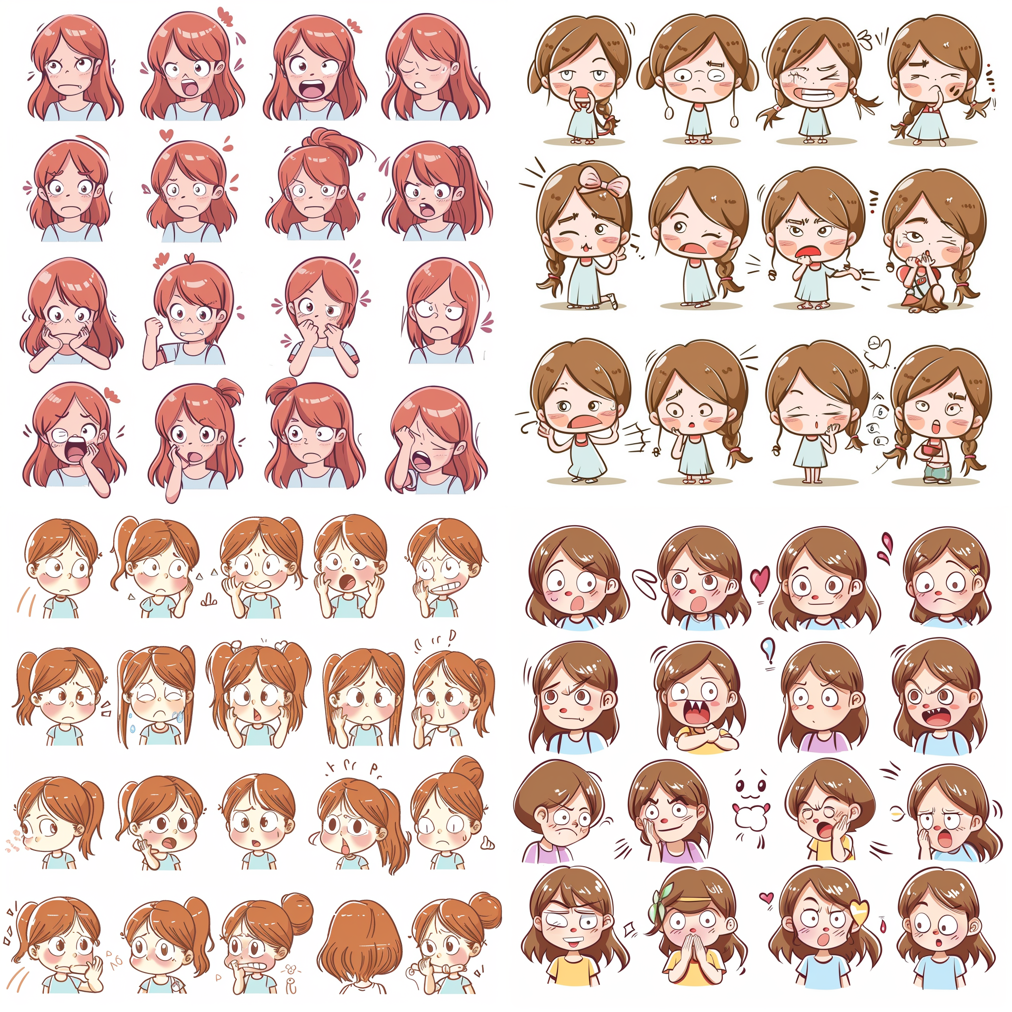 the various expressions of the young girl, raging, surprised, happy, guffaw, sleep, say sorry, knotty, seeking comfort, suffering, helplessness, confusion, angry, coquettish expressing love, etc, as an illustration set, with bold comic lines, cute style, stick figure style, dynamic pose, white background, f/64 group, related personality, old meme kernel, chalk , style cute