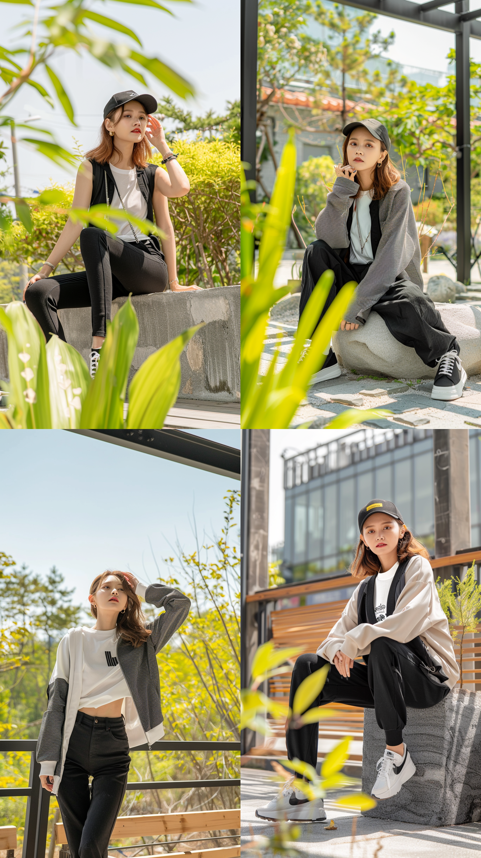 20岁少女在室外公园，阳光充足的高清摄影中展现出活泼的氛围，全身照，穿着黑色紧身裤，镜头使用标准镜头，适中的焦距呈现出真实的肖像