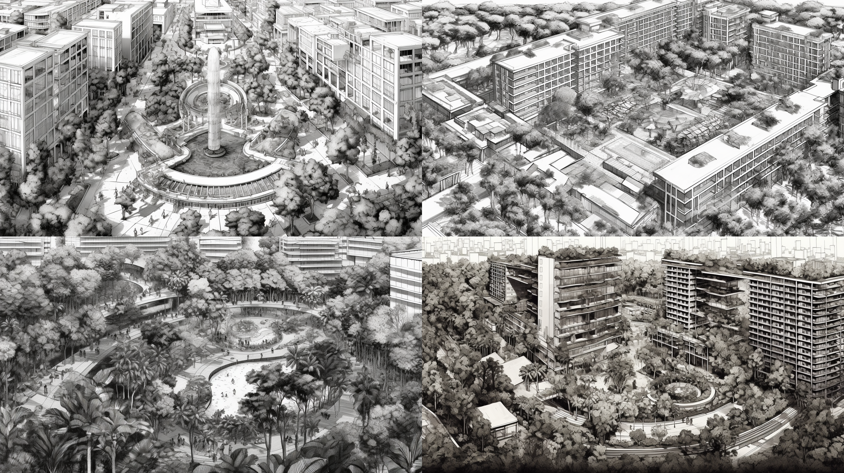 bird view,black and white line drawing, architectural plan of the city center commercial complex garden landscape park design, with tall buildings in perspective at one end. the middle is surrounded by lush greenery, creating an oasislike atmosphere amidst urban chaos. there's also a small pool in front of it, surrounded by dense vegetation. in sketch style, the illustration features a wideangle view with multiple angles, creating a realistic effect. it was created using vector graphics software such as illustrator.