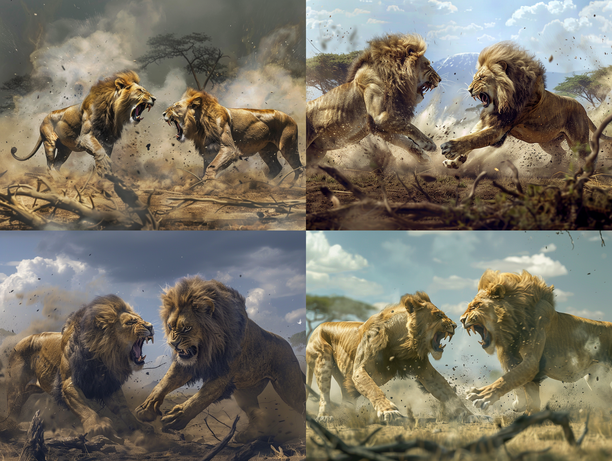 two male lions are fighting in the middle of the african savannah, two behemoths fighting each other, they roar with their mouths open and white smoke billowing from their bodies, standing in the savannah with dust and splattered debris under their feet and all around them, next to fallen trees and stakes, realistic, photographic, photorealistic, lifelike quality, ultra high definition, pixel-perfect, high definition, 8k