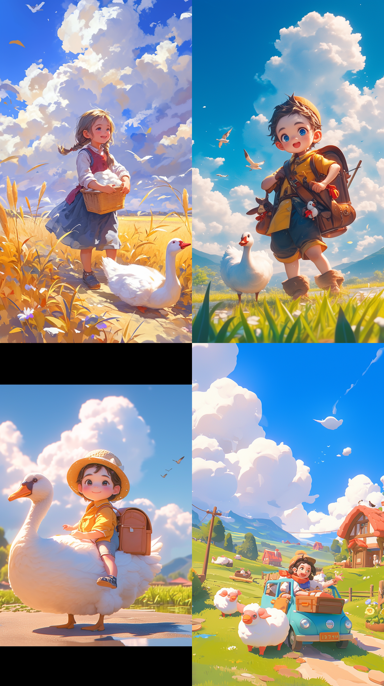 431/10000 实时翻译 划译 路上的一个可爱的孩子，带着鹅，穿着漂亮的衣服，五颜六色，蓝天白云，被田野包围，乡村背景，梦想，兴奋，pop mart的超可爱婴儿ip，高细节，高质量，明亮的颜色，模型盲盒玩具，迪士尼风格，精细光泽，3d渲染，oc渲染，最佳质量，8k，柔和的颜色，电影纹理，中等特写，高质量
