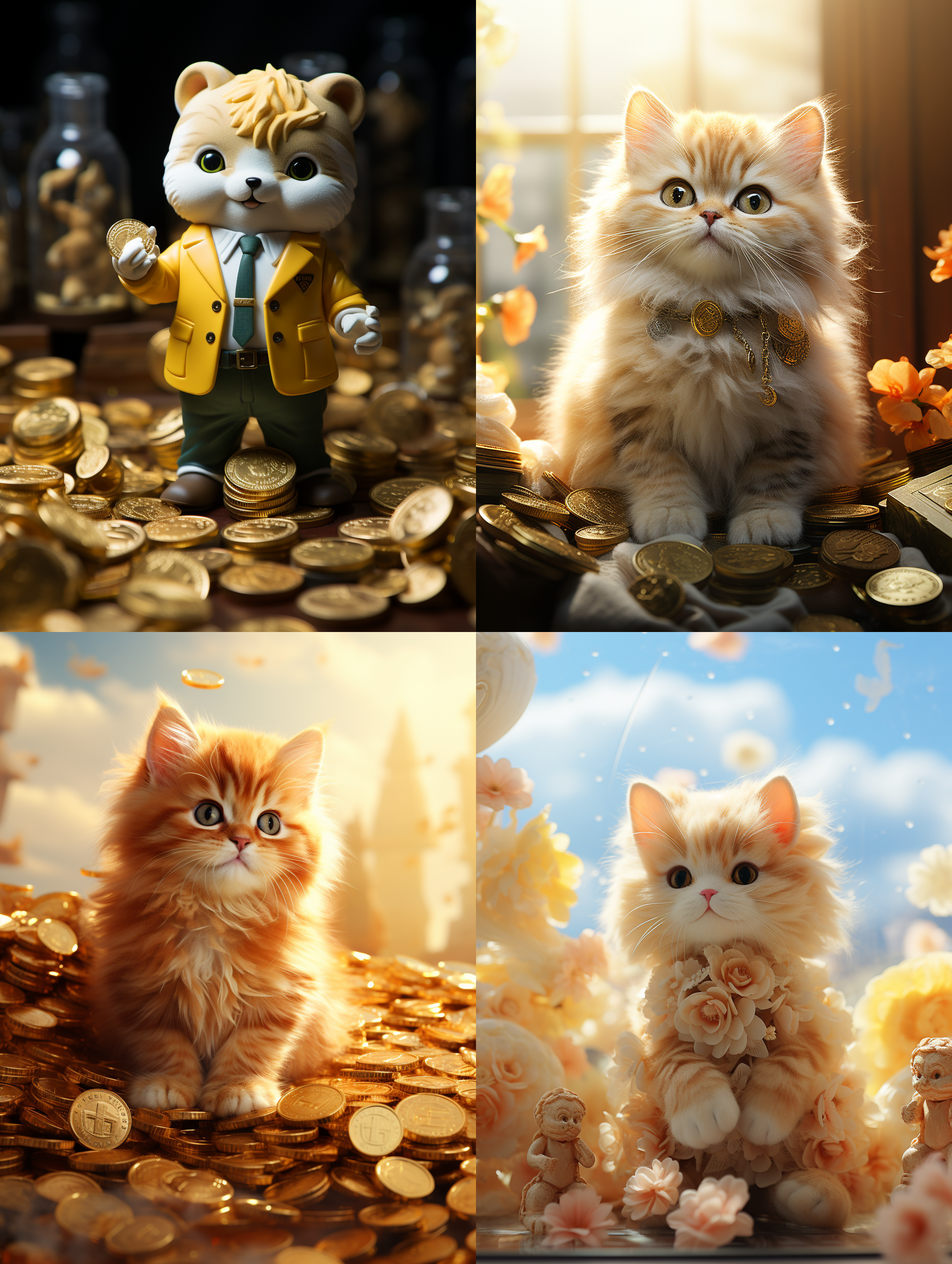 治愈系可爱招财猫站立，漫天金币背景，3d立体效果，印象主义风格，广角镜头，2.0光圈，丰富细节，极高质量，生动表情，帅酷打扮，温馨色调，喜悦，光影交错。 照片写实 家庭办公室 全身 柠檬黄 毛茸茸 明亮的 安德森