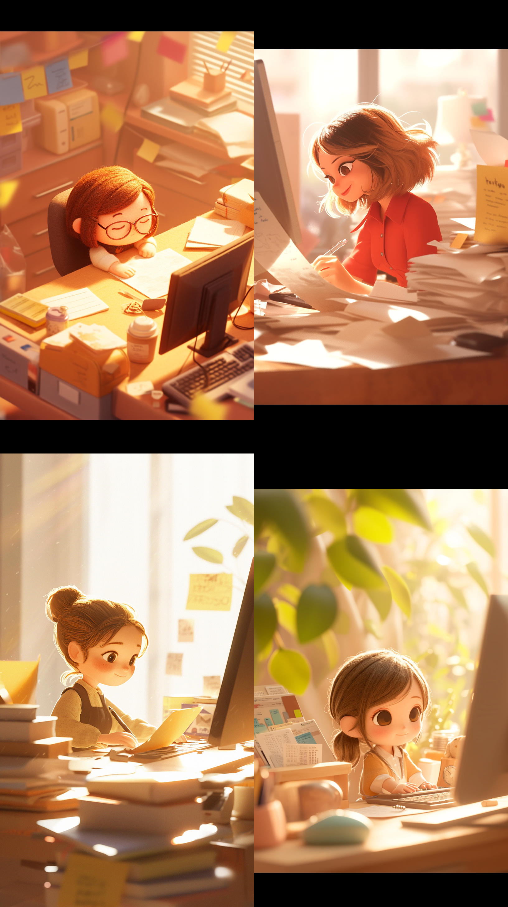 羊毛毡的可爱世界，一个加班的办公室女人，快乐，电脑，文档，逼真的超细节，软焦，chibi，倾斜移动，超级照明，体积测量，jon klassen，对焦，80mm镜头，大光圈，浅色