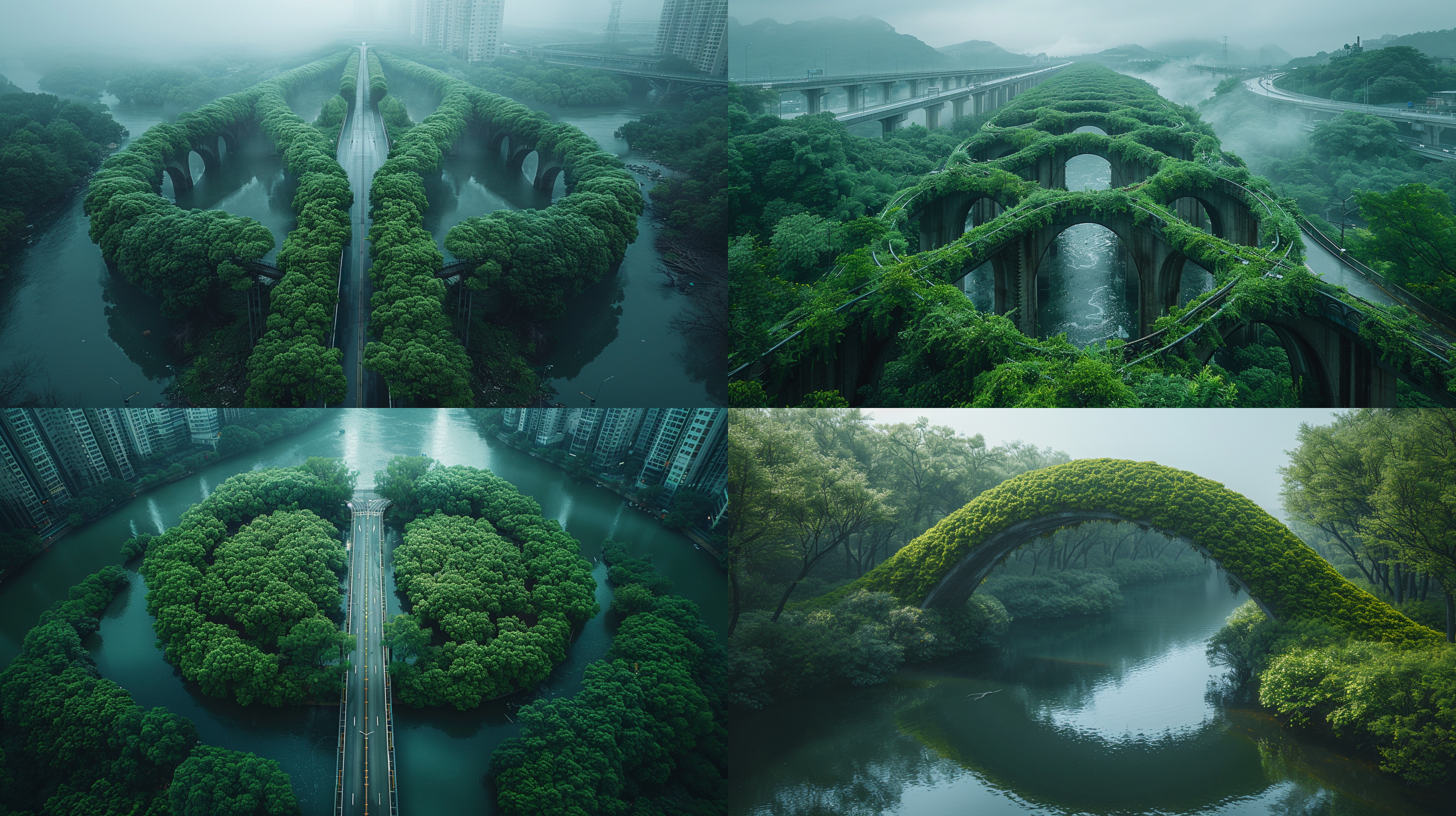 高速公路桥，8字形图案，河流和绿色植被，对称构图，richard avedon风格的概念艺术，俯视角度，影视和超现实主义风格，清晰对焦，高分辨率细节，航拍摄影，光影交织，简洁干净，城市天际线。