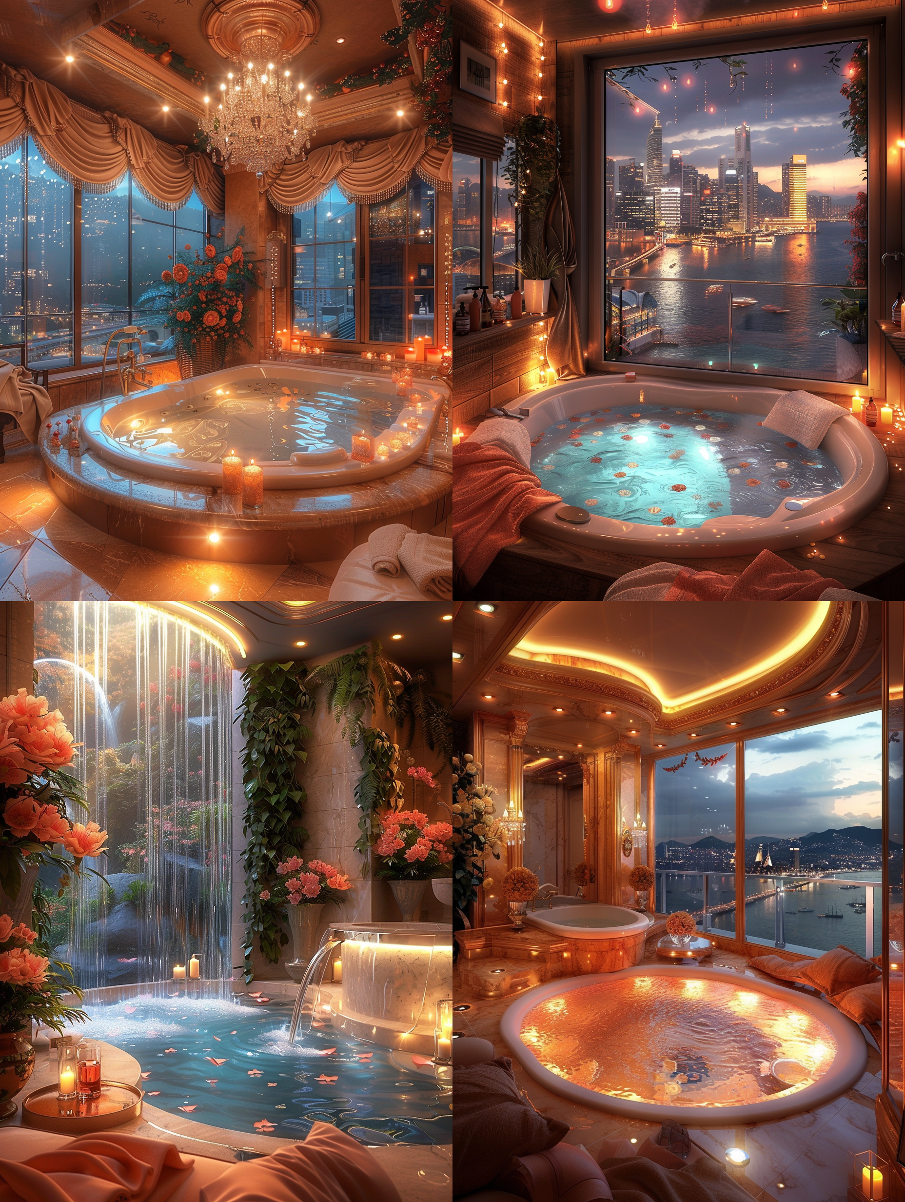 根据以下描述画一个浴室：设想一个位于超级大豪宅中的浴室，空间不仅巨大，奢华、温馨、浪漫和治愈氛围。，采用开放式设计，宽敞明亮。高高的天花板配以精美的吊灯，空间的奢华感。墙面和地面使用的是优质大理石。中央位置安装了一个超大的圆形浴缸，周围环绕着柔和的led灯光，提供浪漫的氛围照明。浴缸很大，边上放置了便于放置饮料或书籍的小型水晶桌。浴室内部装饰考虑到温馨和浪漫，使用了暖色调的壁画和精致的花瓶，摆放了新鲜的花朵。浴室设计了一个休息区，配备了软垫的休息椅和小桌，桌子上有香薰，有超大落地窗。最高画质，最佳杰作，高分辨率，复杂的细节，非常详细，超逼真，颜色丰富，大全景