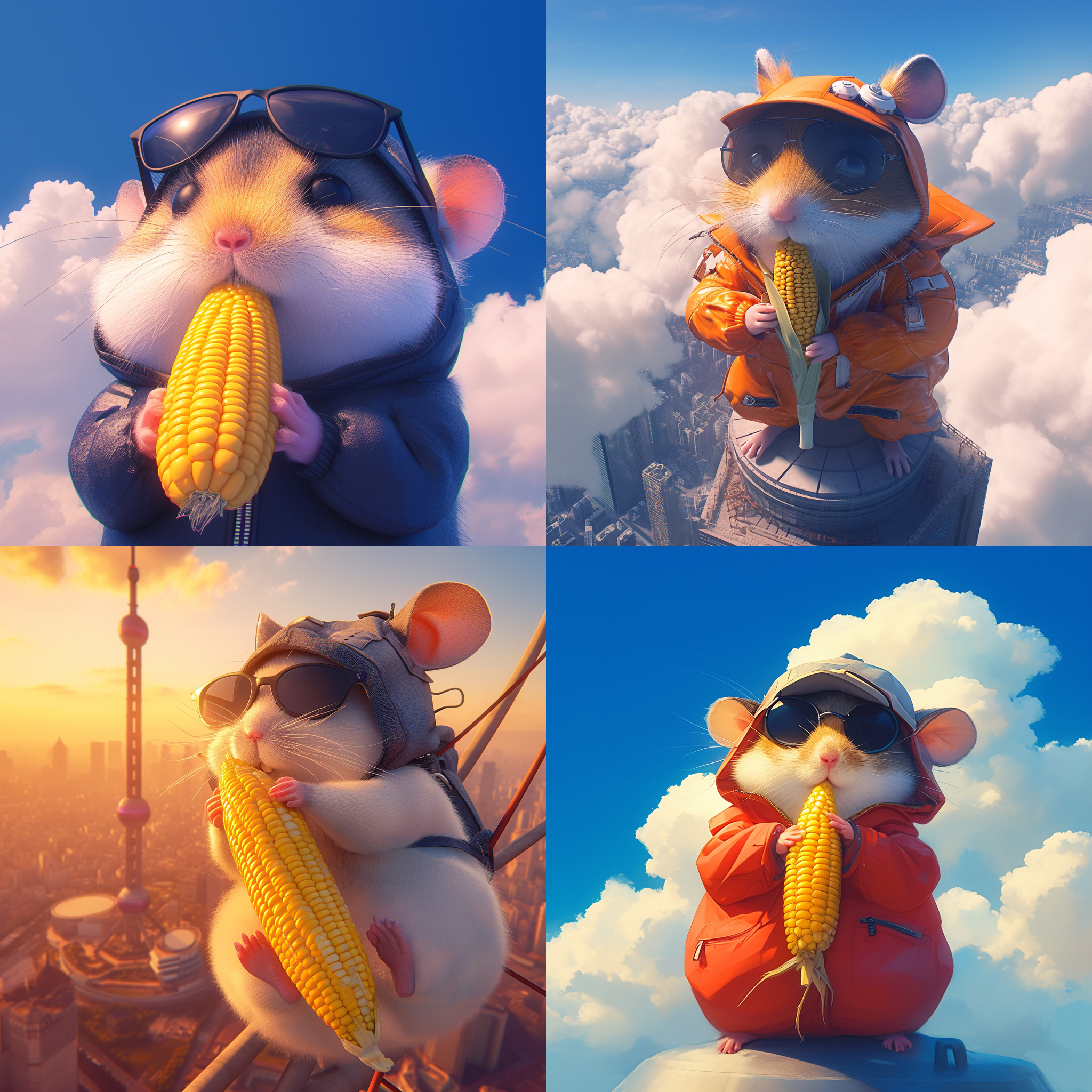 一只可爱的小仓鼠穿着卫衣，戴着鸭舌礼帽，戴着黑墨镜，手拿啃了一半的玉米棒，坚定的眼神，站在上海金茂大厦的最高顶，背景是云层，远景，全身显像，c4d建模，光线跟踪，丰富细节，动作丰富，超清，32k，动态姿势，高光， 清晰的背景