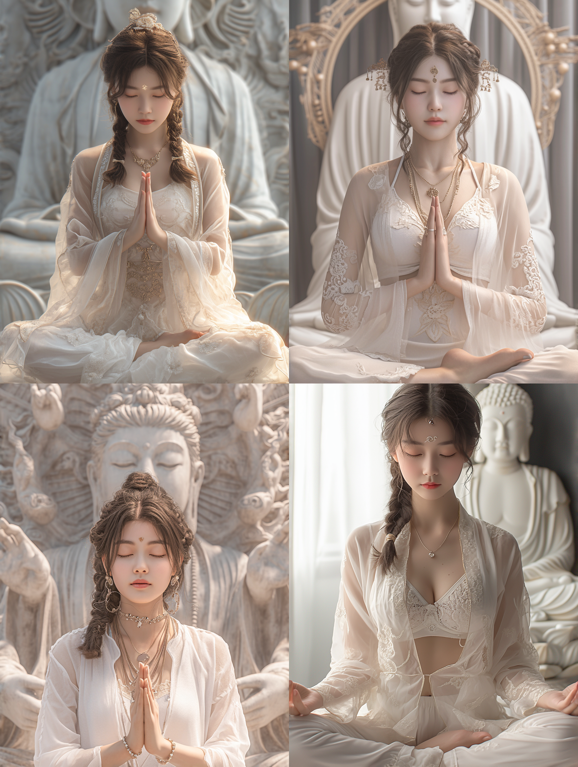 中国女孩冥想，端庄挺拔，唐代服饰，白色佛像，纯色背景，32k，超高清，写实摄影，全景图像，超细节逼真，纹理清晰，质感，增大化现实，姿态端庄，眼睛微闭，外观清晰。