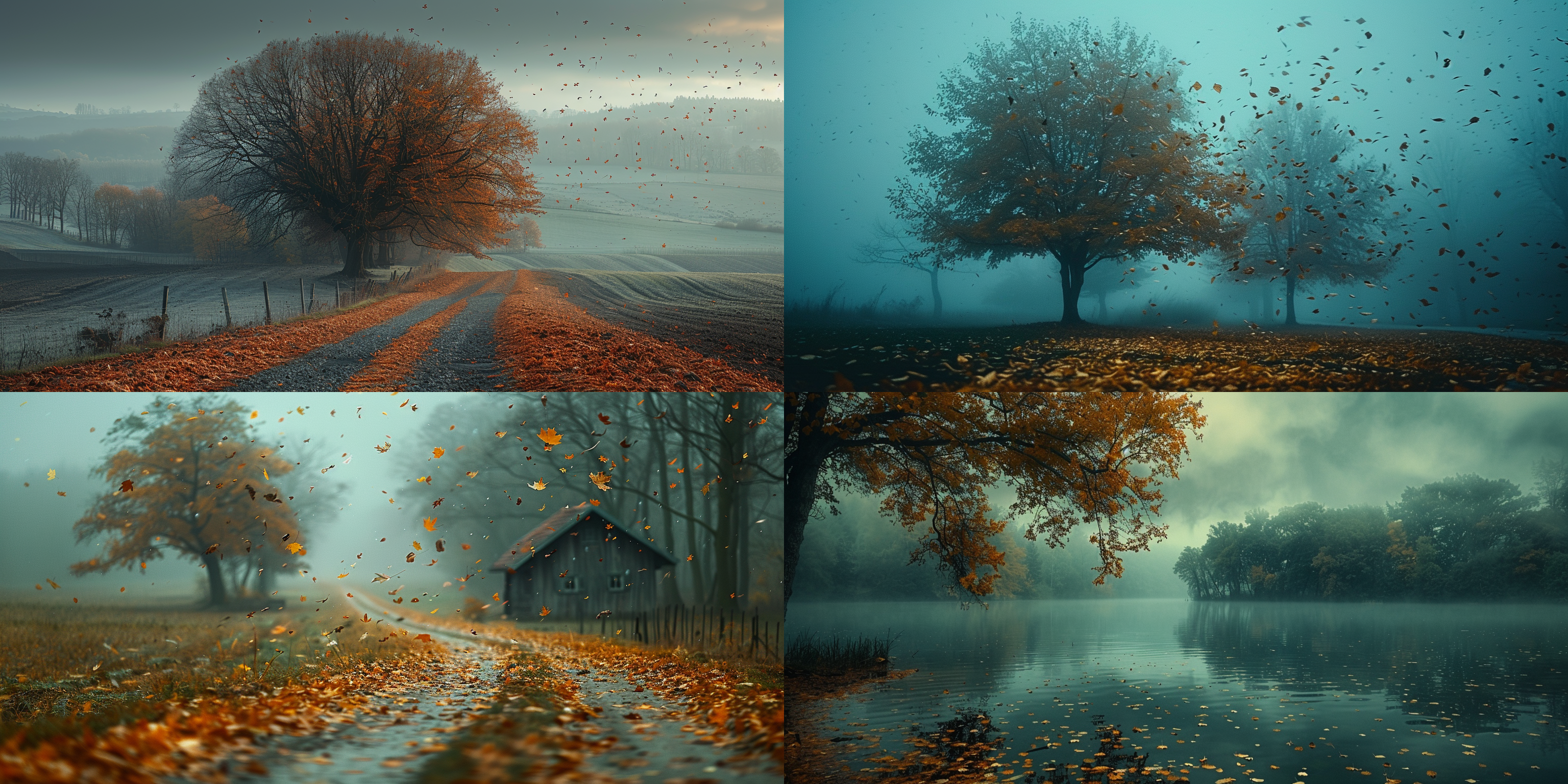 the tranquility before the storm, swirling leaves, a backdrop of low pressure weather, a rural landscape, diagonal composition, cold color tones, a telephoto lens, stillness, the silhouette of trees, drifting, melancholy.