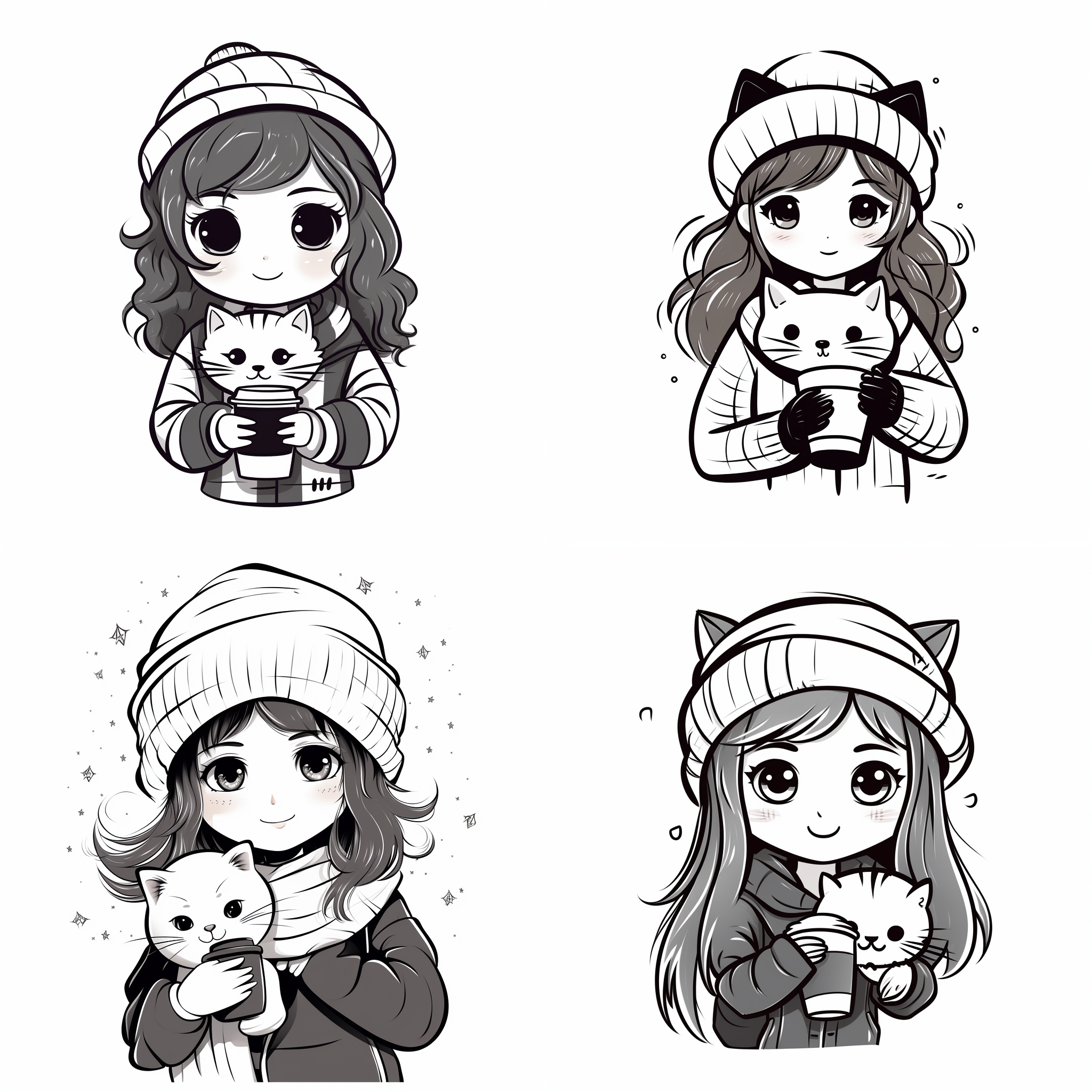 一个可爱的女孩，手上捧着一只猫咪，星巴克标志风格，黑白线条绘制，手绘插画风，极简风格，黑白单色