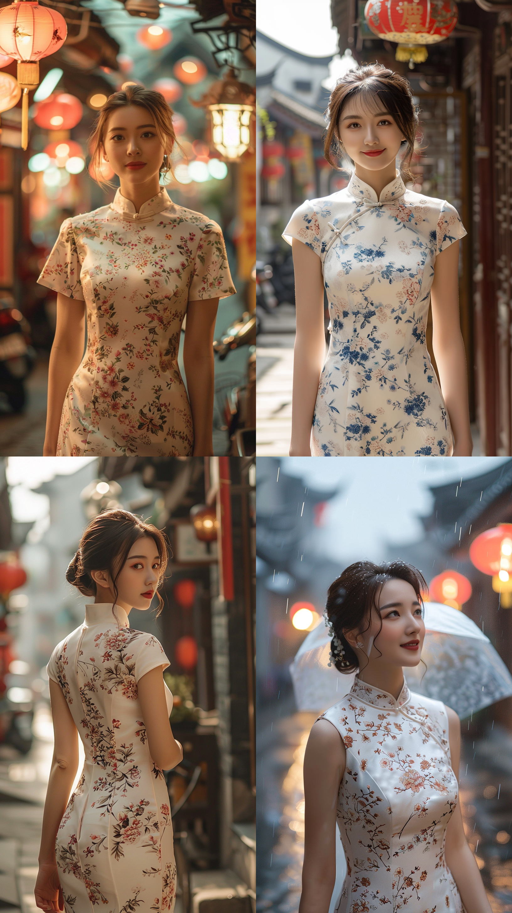 旗袍美女，大上海街头，民国风格，白色碎花旗袍，优雅步姿，复古风情，窄景深，侧光，传统建筑，柔和色调，自信微笑。