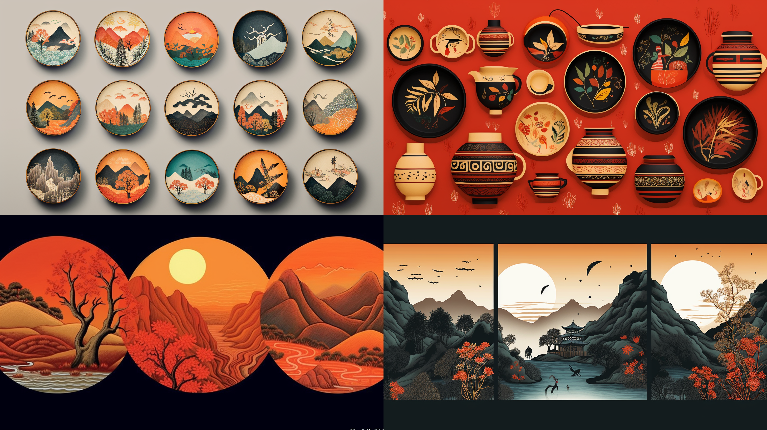 hand-drawn illustrations of the daliang mountains, yi ethnic lacquerware patterns, natural elements, vibrant colors, simple and elegant, flat drawings, packaging design, rich ethnic style, hand-drawn style, mountain scenery, unique culture, saturated colors, warm tones.