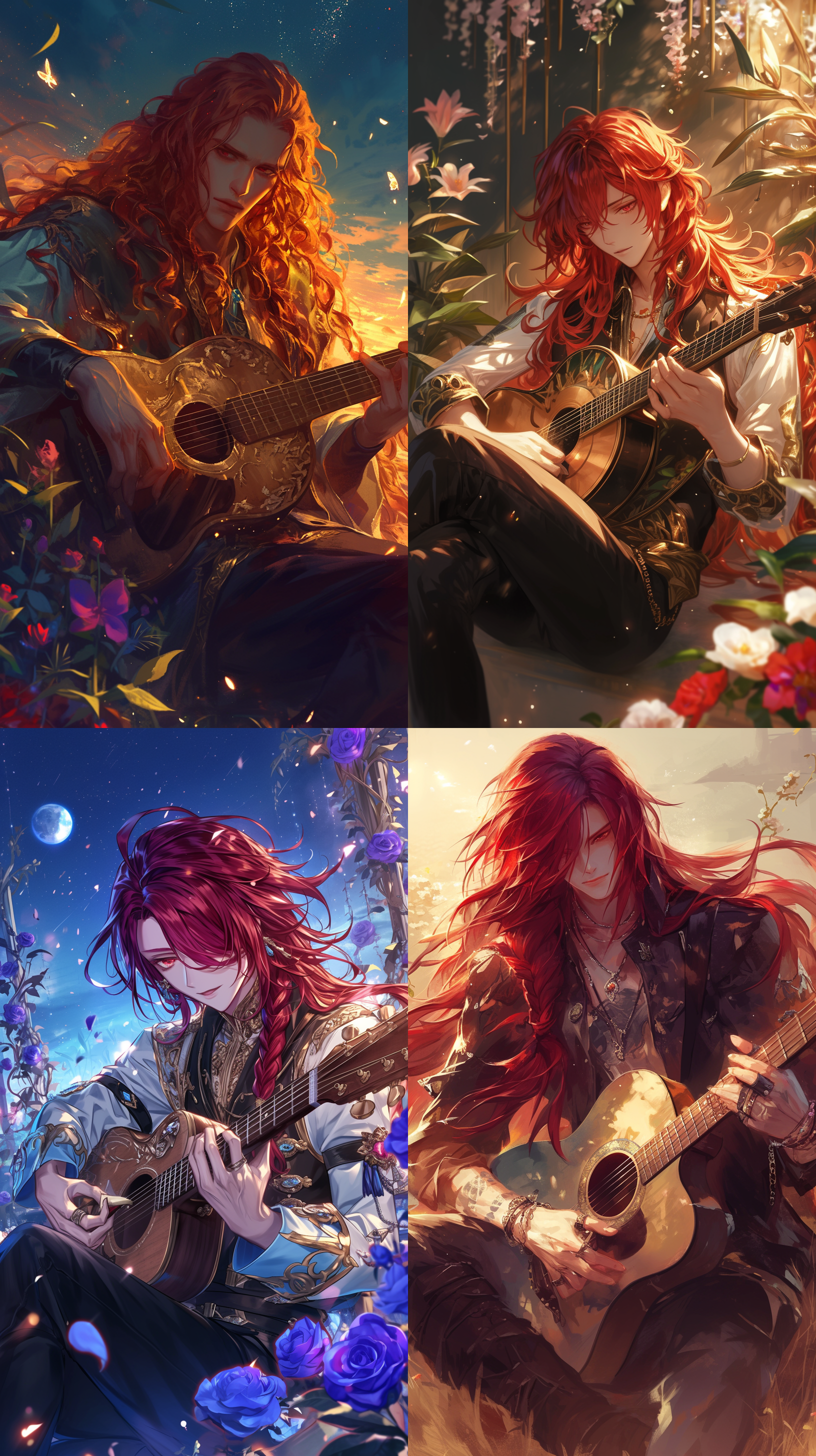 18岁，红色长发男孩，红色色眼睛，帅气的穿着，安静，休闲装，夜晚，花丛，弹吉他，萤火虫，月光，湖边，倒影，马尾，额头，流星，长相帅气，悲伤 ，