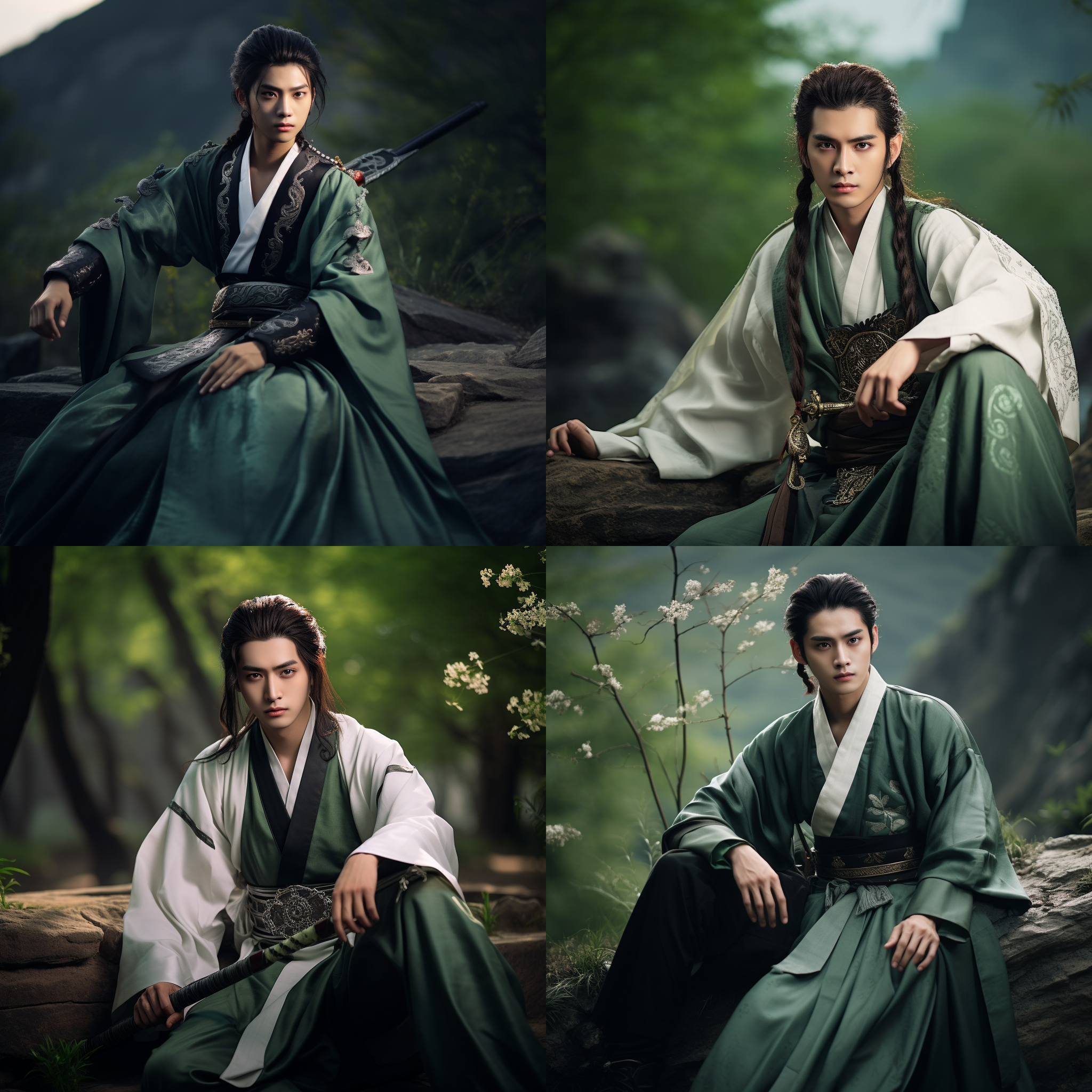 东方帅哥穿着汉服，俊朗逗逼，剑眉星目，坐在山野中。古风摄影，长焦镜头，自然光，端坐从容，自信，青绿色调，豪情。