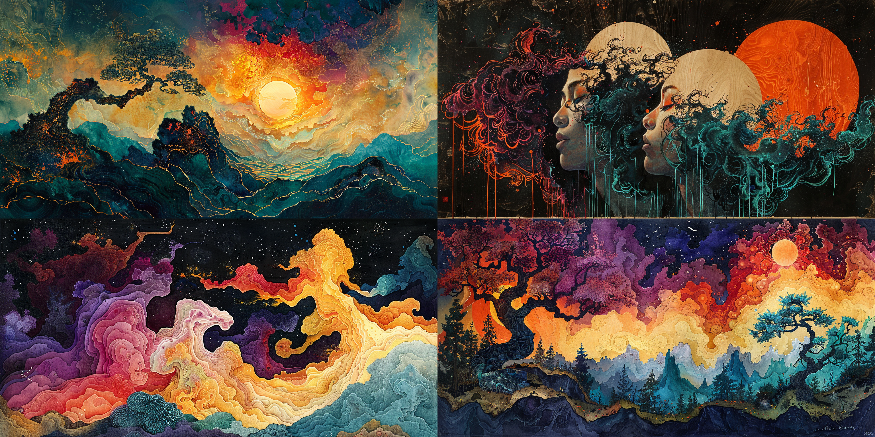 木刻版画，木刻技术，东方诗画，三维古风，虚空世界，神域，四维扭曲空间，魔幻现实主义，错综复杂的细节，配色优美鲜明，赤橙黄绿青蓝紫，大师构图，超高画质。