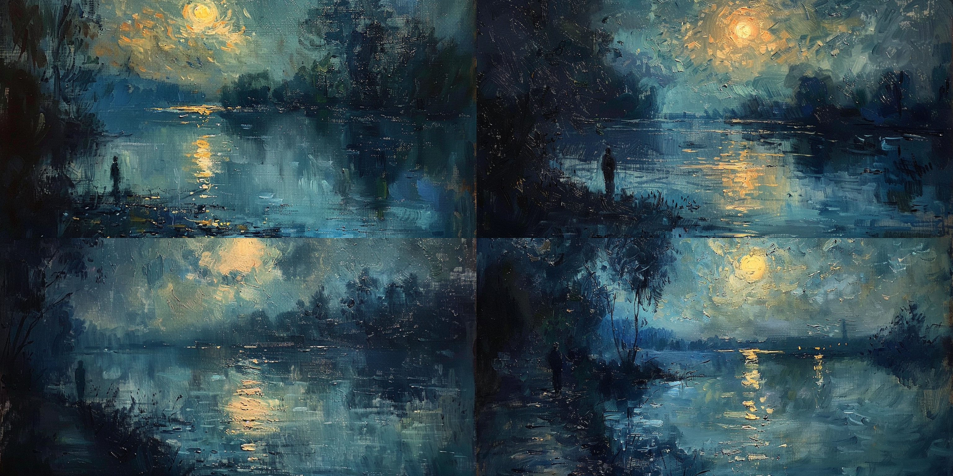 克劳德·莫奈，claude monet。孤独的河畔｜在这静谧的夜晚，我独自站在河边，被莫奈笔下的月光轻轻包裹。四周的世界仿佛静止，只有河水在默默流淌。在这片宁静中，我的孤独感愈发强烈，就像是莫奈画中那一抹孤独而深邃的蓝。夜色中，我仿佛与世隔绝，只有自己的思绪在月光下悄然舒展。在这份独处中，我找到了一种难以言说的安宁。