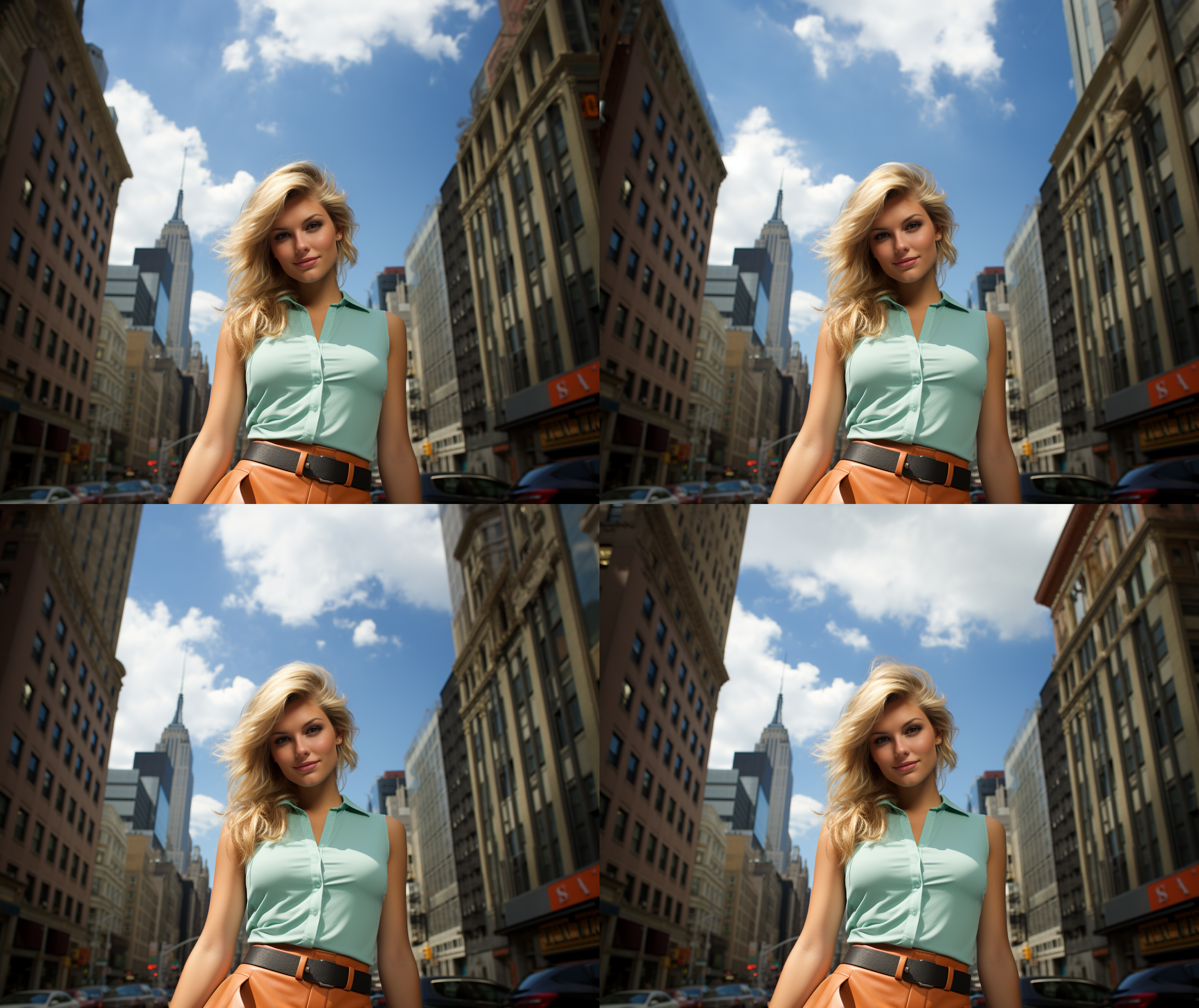 a female model stands on a city street wearing a short skirt, with tall buildings and traffic in the background. she smiles at the camera, holding a fashionable handbag in her hand. the photo is taken with a fisheye lens, with high color saturation and a symmetrical composition, emphasizing female confidence and fashion sense. fashion, urban, fisheye lens, high saturation, symmetrical composition, confidence, smile, handbag.