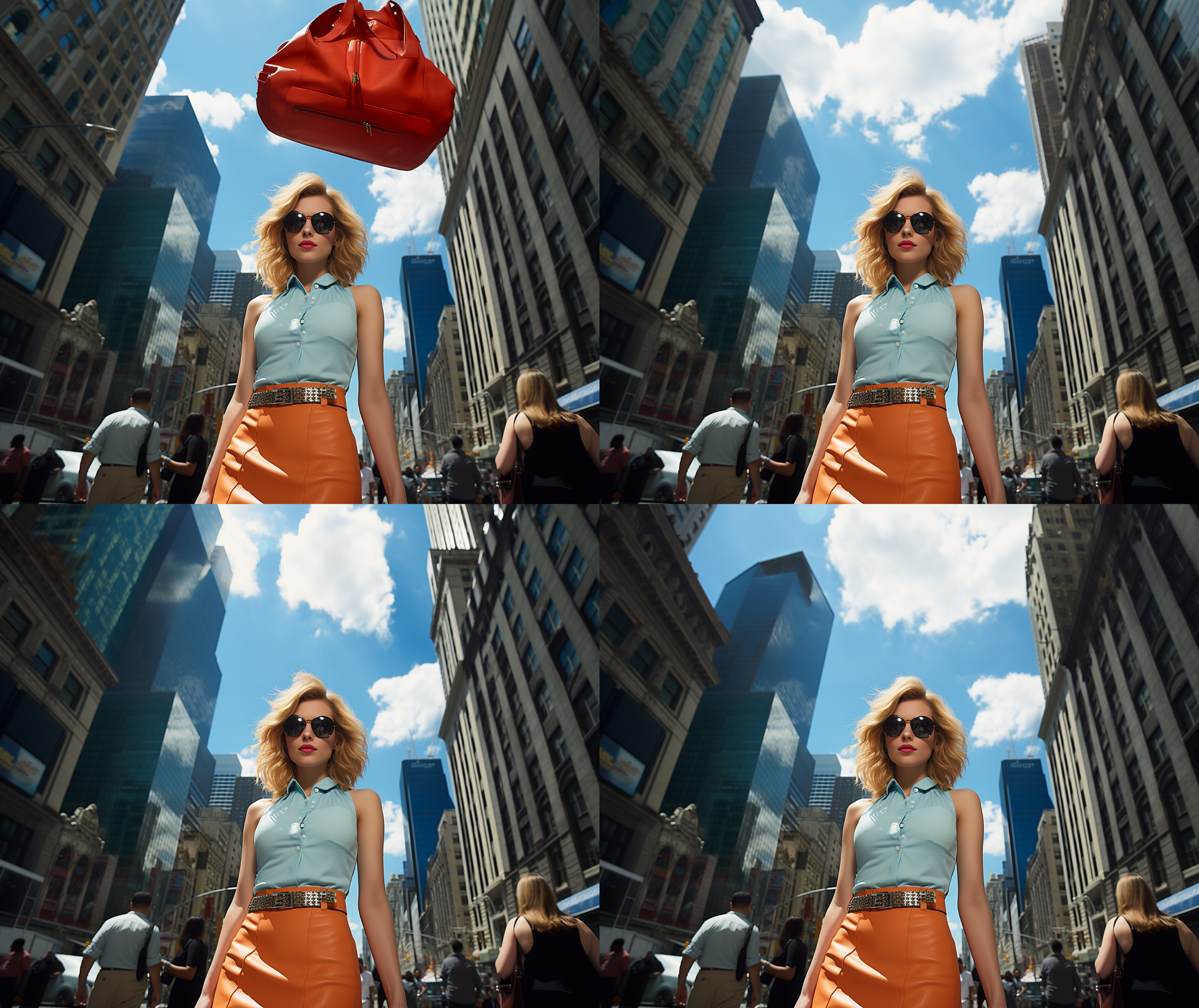 a female model stands on a city street wearing a short skirt, with tall buildings and traffic in the background. she smiles at the camera, holding a fashionable handbag in her hand. the photo is taken with a fisheye lens, with high color saturation and a symmetrical composition, emphasizing female confidence and fashion sense. fashion, urban, fisheye lens, high saturation, symmetrical composition, confidence, smile, handbag.