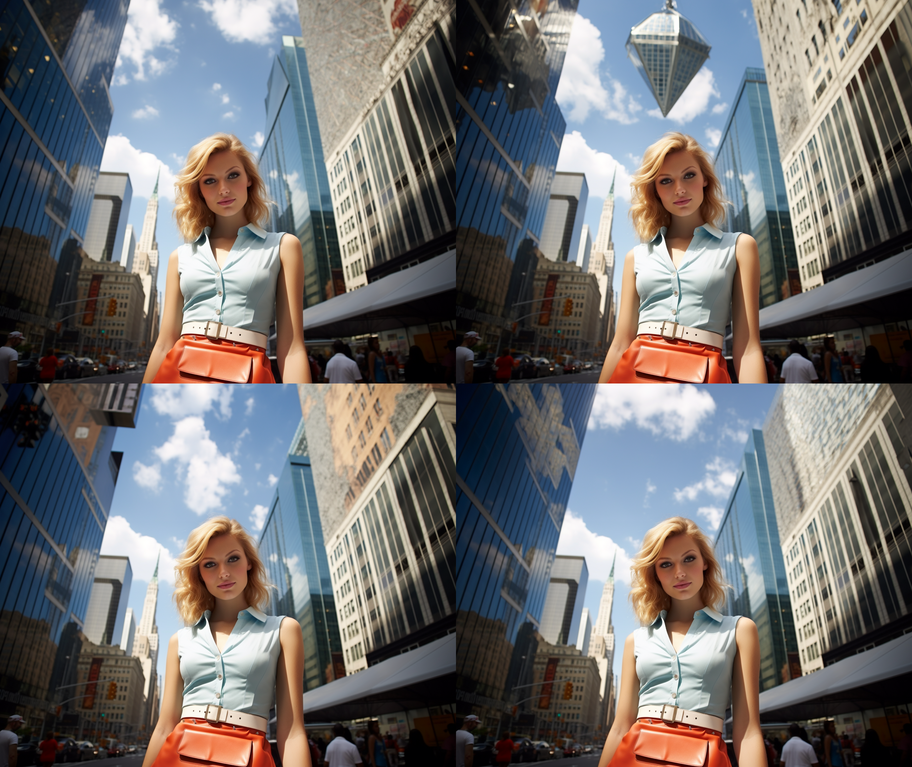 a female model stands on a city street wearing a short skirt, with tall buildings and traffic in the background. she smiles at the camera, holding a fashionable handbag in her hand. the photo is taken with a fisheye lens, with high color saturation and a symmetrical composition, emphasizing female confidence and fashion sense. fashion, urban, fisheye lens, high saturation, symmetrical composition, confidence, smile, handbag.