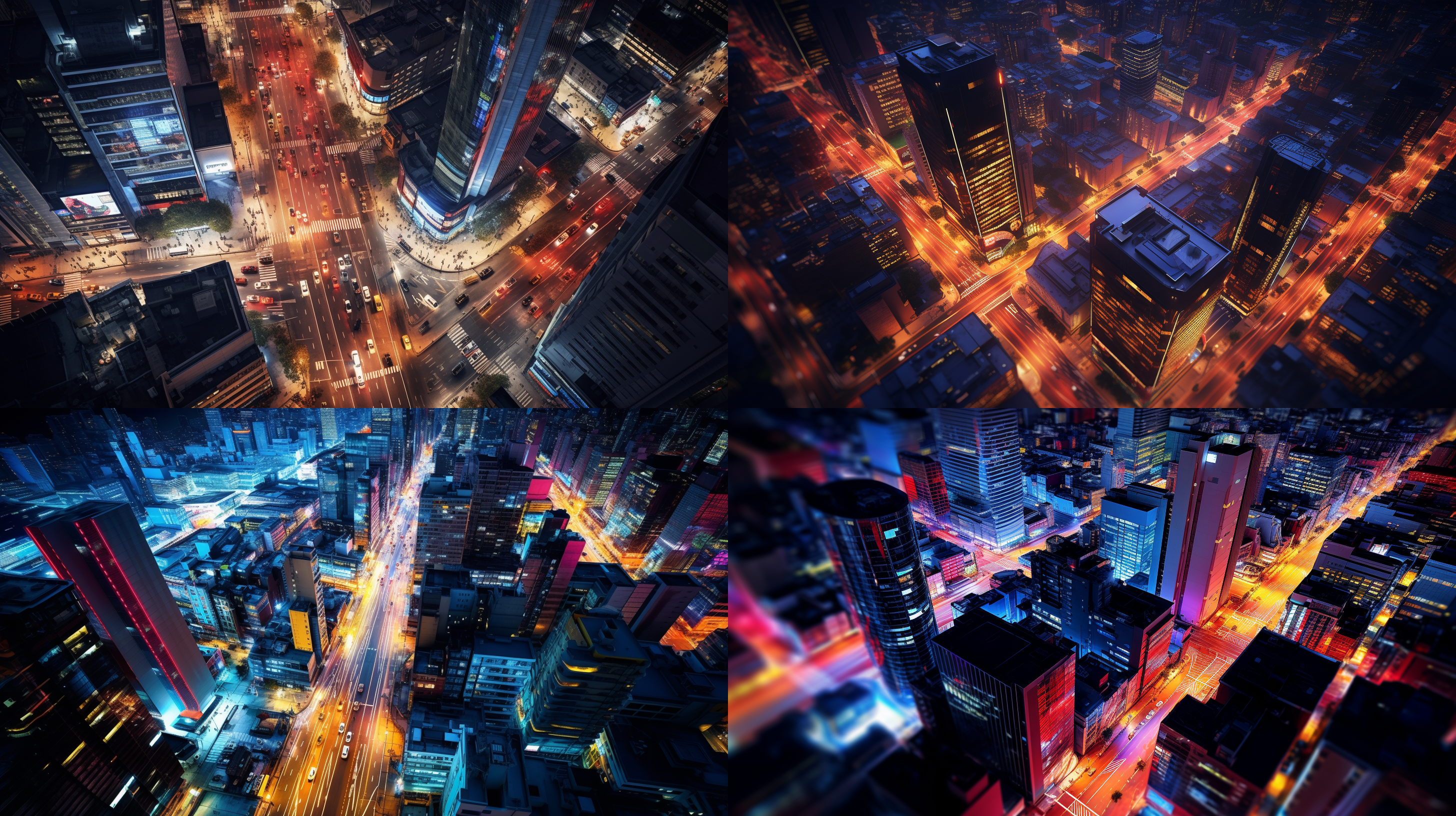 城市鸟瞰，建筑细节丰富，高角度视角，广角镜头，绚丽色彩，光影变幻，车流川流不息，繁忙都市，霓虹闪烁，现代感。