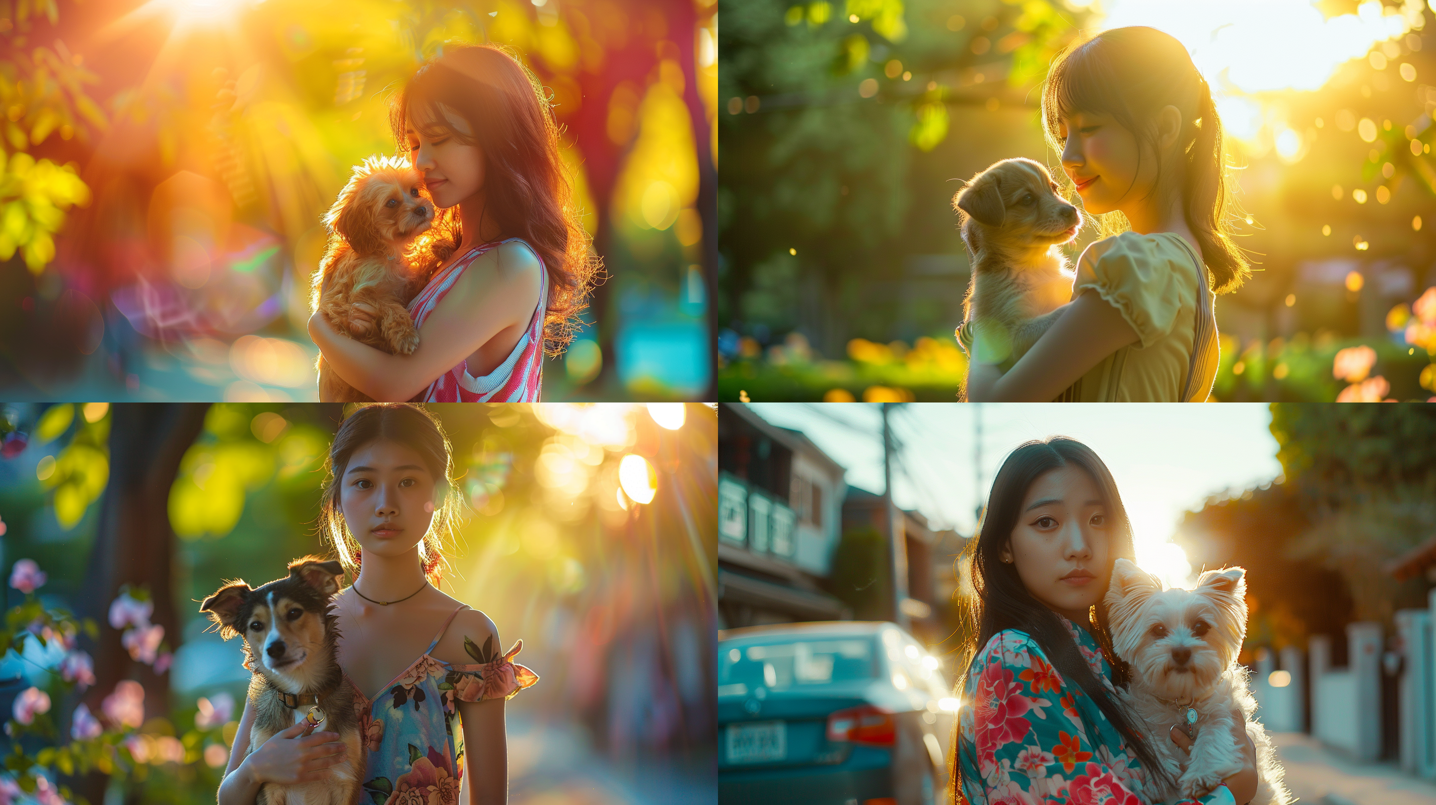 asian figure, summer girl holding a dog, city park street view, three or more fluorescent colors, bright colors in sunlight, front view, photography works,