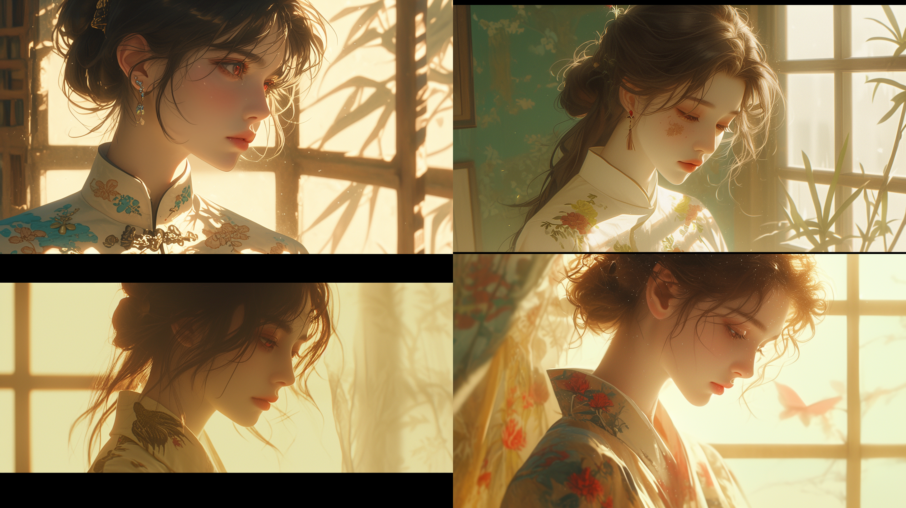 年轻女子窗前思事，古风绣花薄衫，美丽俏皮，英姿飒爽，柳叶眉，丹凤眼，紧锁眉头，柔和色调，侧光，长焦镜头，静态，对称布局，华丽细节，电影级画面，纹理丰富，16:9，高清。