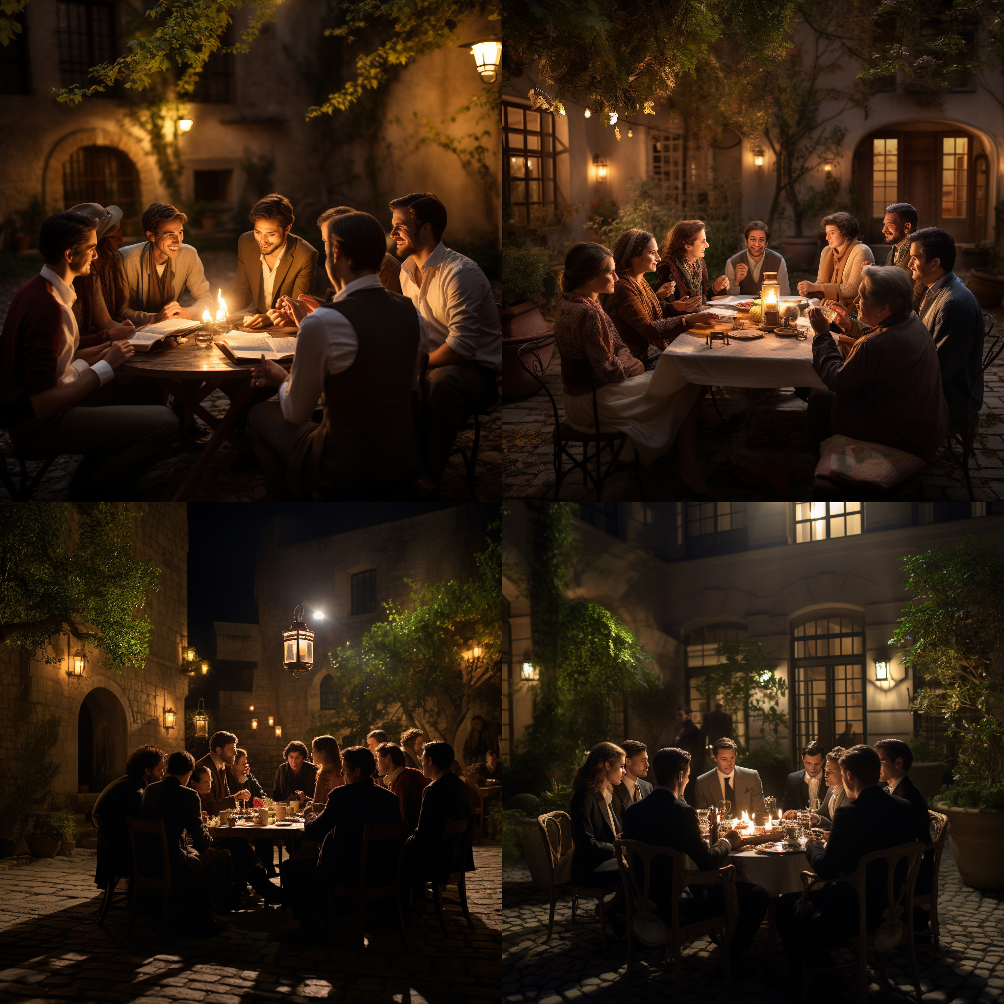 庭院中，夜幕降临，一群友人围坐于长桌旁。灯火通明，笑声阵阵，茶杯相对。主人端坐于一侧，目光温暖，手中捧着一本古籍。古典风格，明暗对比，室外，暖色调，标准镜头，侧光，静态，温馨。