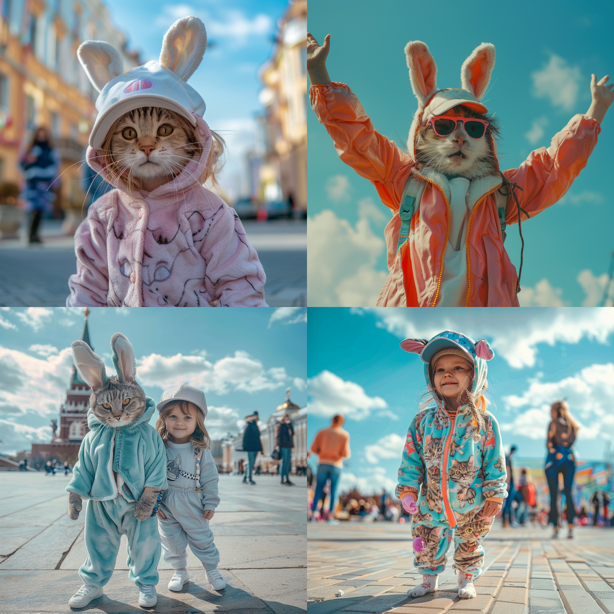 穿兔子服的猫, 穿棒球服的小女孩, 广场上, 蓝天, 明亮色彩, 4k画质, 大光圈镜头, 活泼, 快门捕捉, 欢快, 可爱。